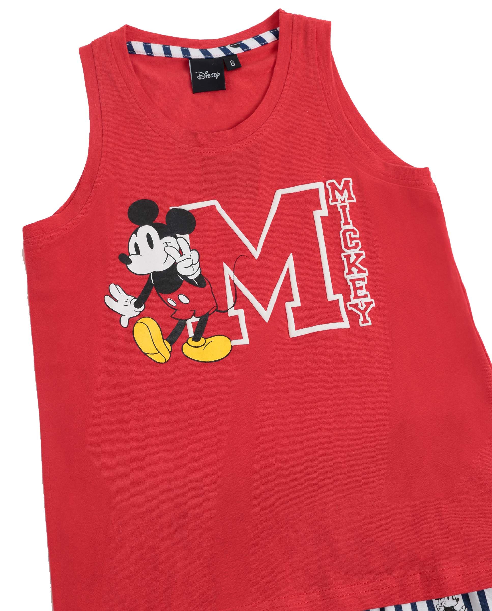 Disney Pijama niña sin Mangas Mickey NY Summer en algodón, Cuello Redondo y pantalón Corto a Rayas con Cinturilla Ajustable, Camiseta con Relieve y Tejido Suave al Tacto
