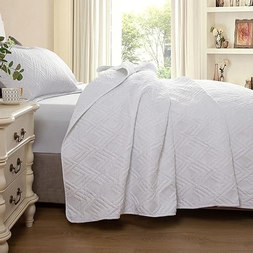 Miniatura 7 de Hygge Hush Juego de edredón de verano, tamaño individual, color blanco puro, patrón L, juego de 2 piezas de estilo moderno de gran tamaño para todas