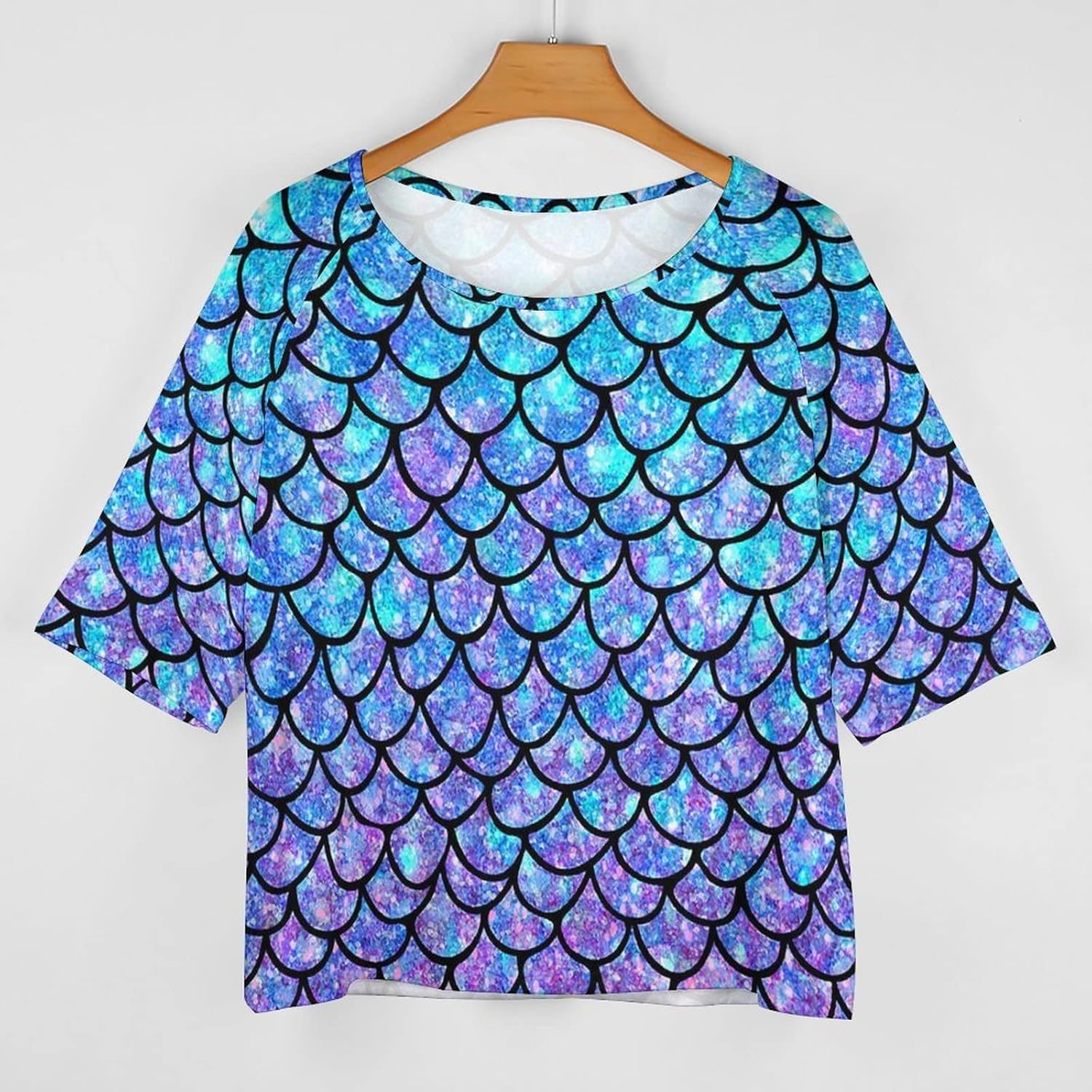 Ombre Mermaid Teal Purple Fish Scale Pattern Womens Tops Sexy Off Shoulder Shirts Casual Short Sleeve T-Shirt - Image 2