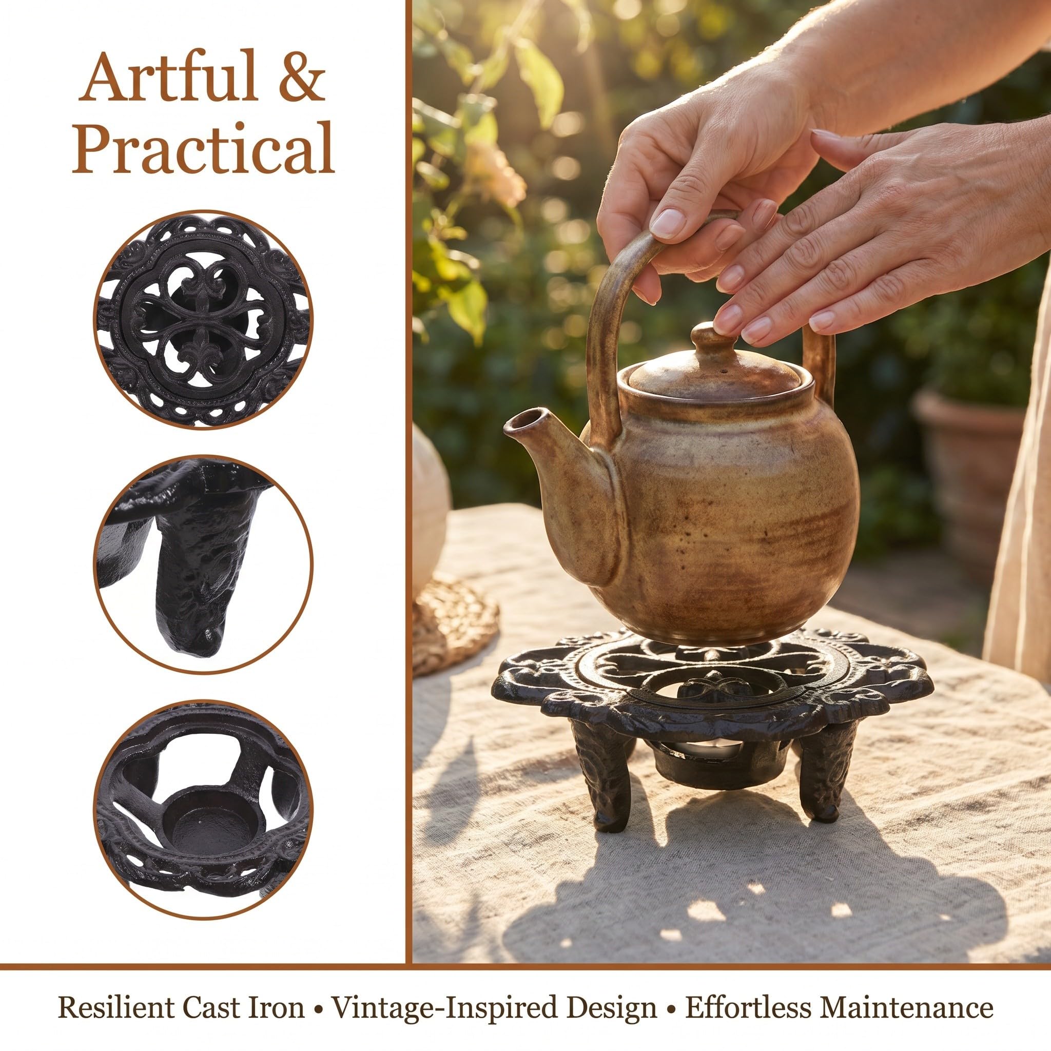 Operitacx Calentador de Tetera de Hierro Fundido, salvamanteles Resistente de 15 cm para Calentar Velas de té, Soporte rústico para Velas de Tetera para Preparar café, Leche y té.
