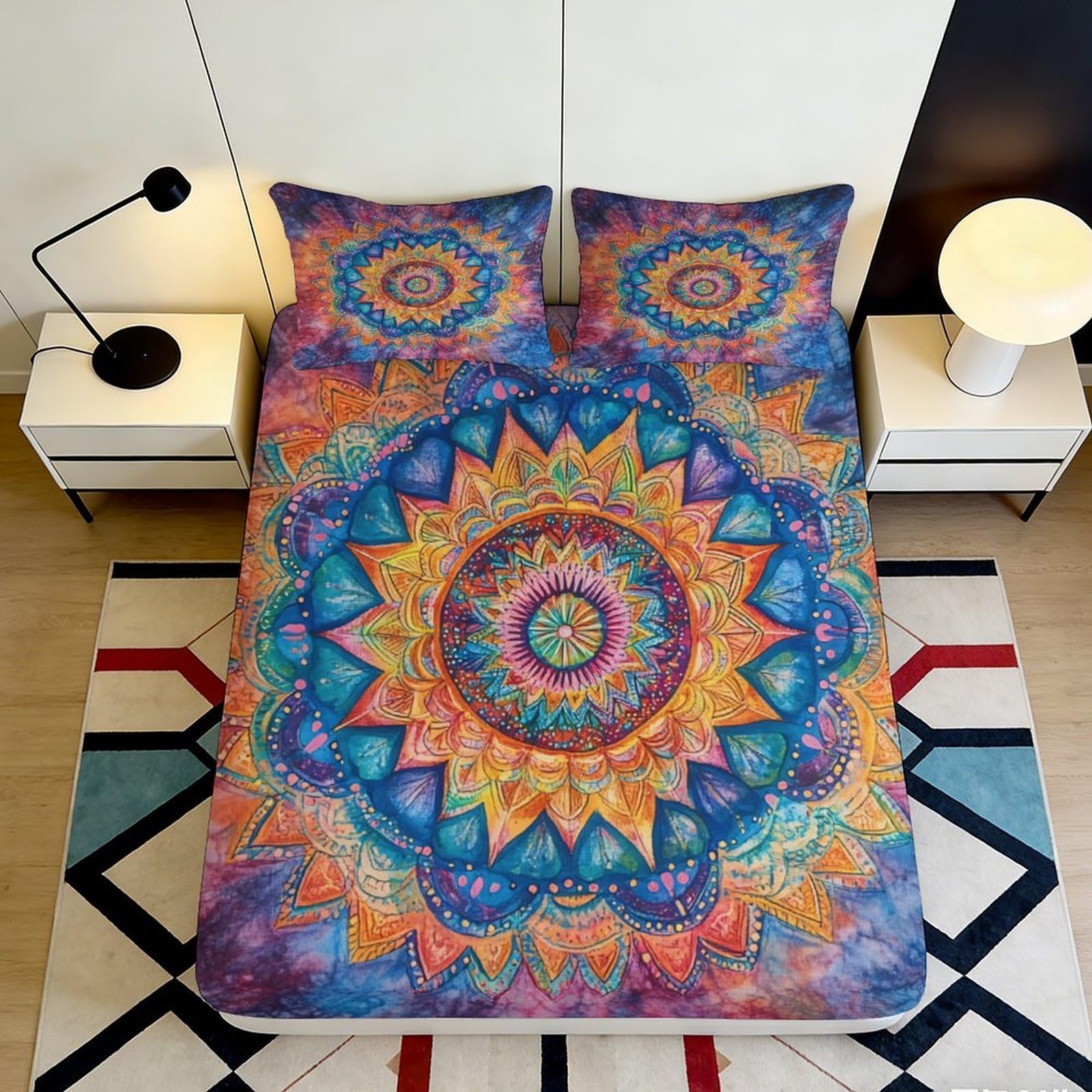 3D Printed Mandala Sun Fitted Sheet Microfiber Colourful Boho Mattress Cover for Bedroom Guest Room Decor 90x200x25cm