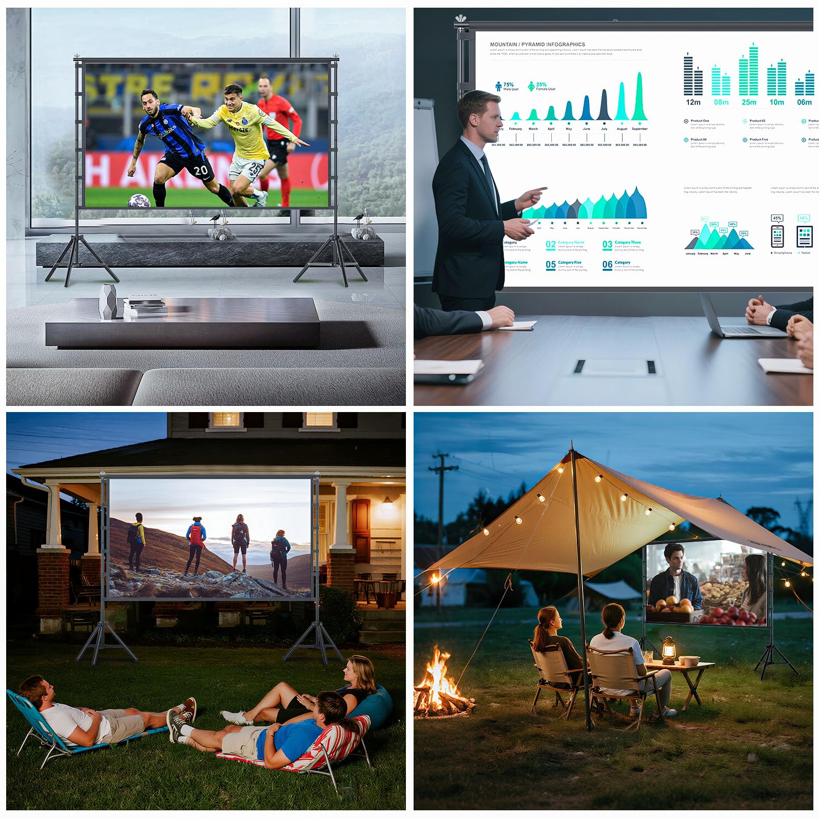 TOWOND Schermo per proiettore da 120 pollici, con supporto, pieghevole, portatile, 16:9, HD, per esterni per home cinema e giardino, proiezione anteriore e posteriore, lavabile in poliestere antipiega