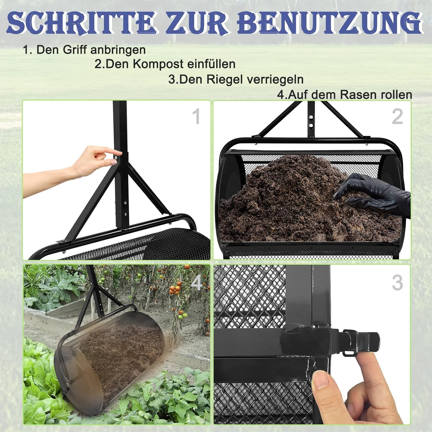 LILIIN Gartenstreuer mit T-Griff, Kompoststreuer 80L - Für Kompost, Dünger, Garten und Rasen - 40 x 65 x 110 cm, Schwarz