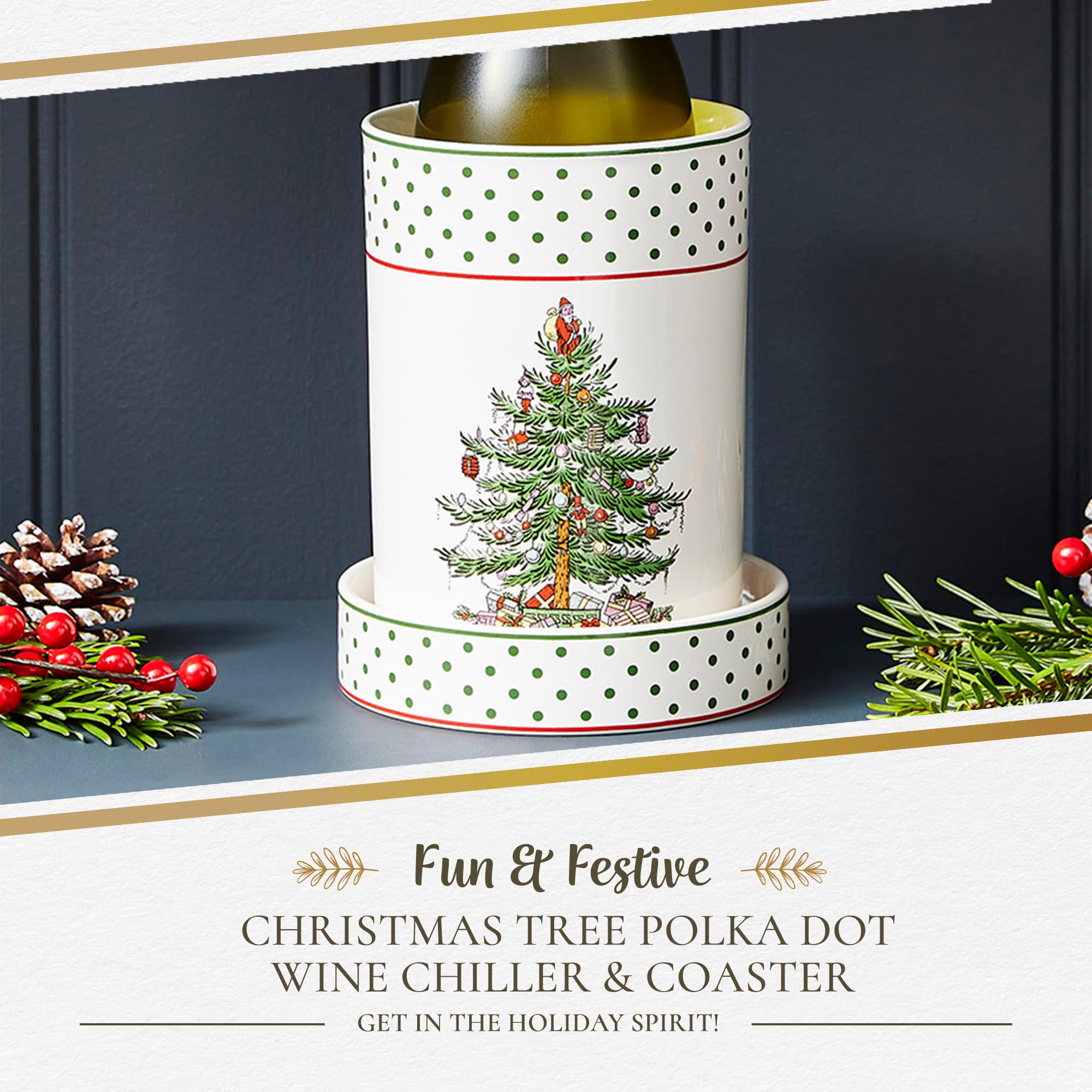 Spode Christmas Tree Wine Chiller & Coaster, Polka Dot - Elegant Wine Cooler and Beverage Chiller for Holiday Entertaining, Christmas Table Settings, Festive Dinner Plates, and Seasonal Serveware
