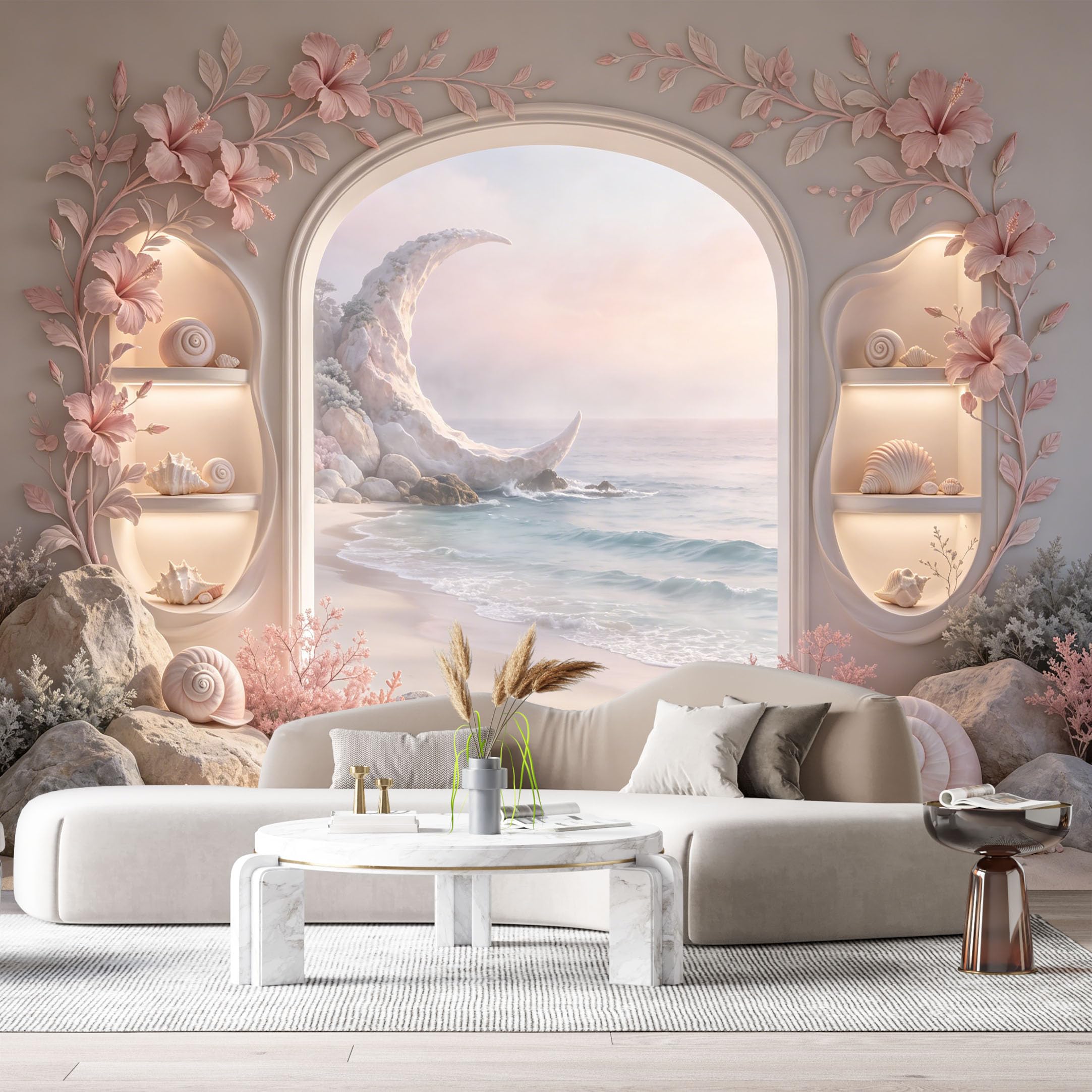 Custom Size Wall Murals Coastal Ocean Moon Beach Seashells 3D Trompe L'Oeil SelfAdhesiveWall Fabric Removable Wallpaper Wall Decor for Living Room Bedroom Bathroom