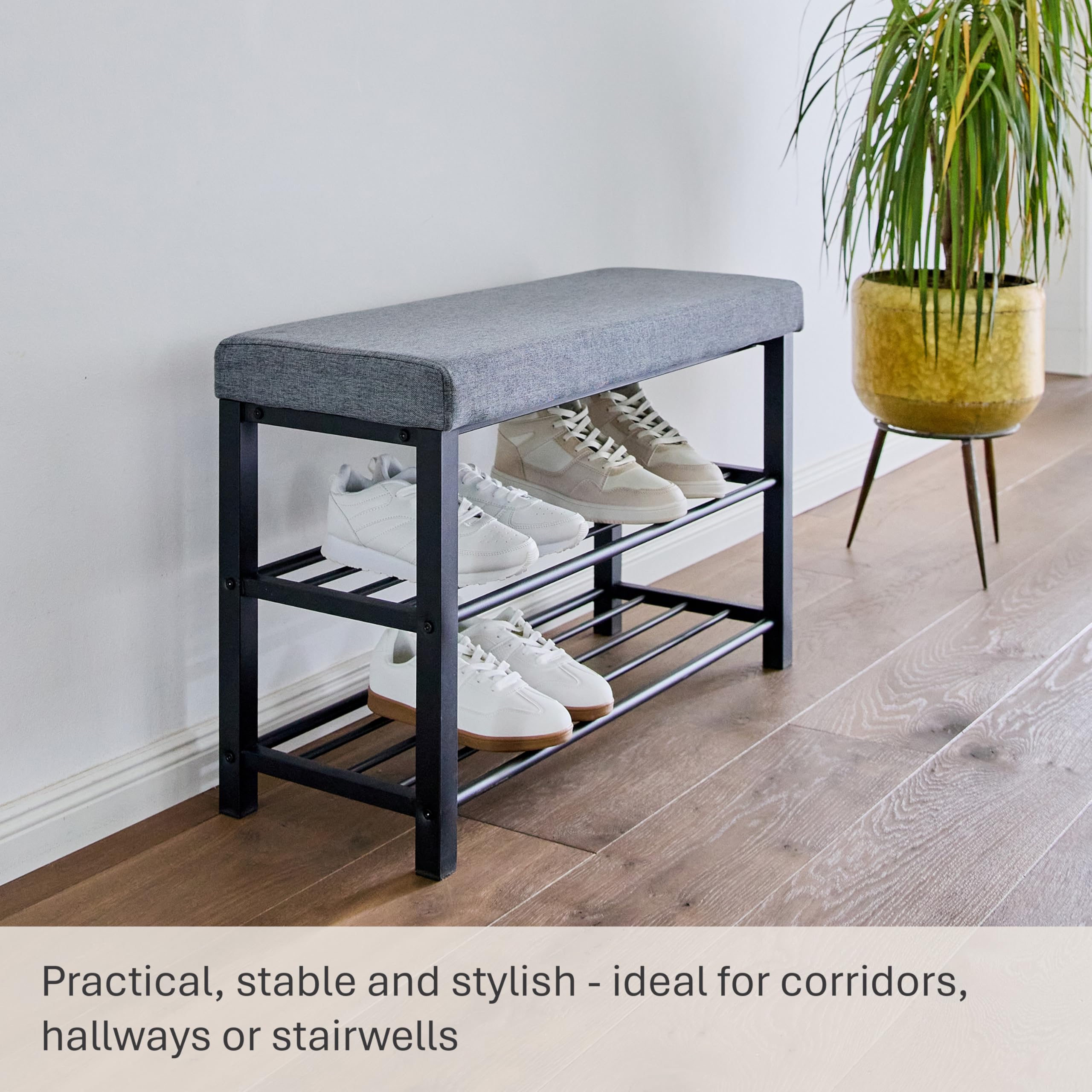 Love IT Store IT Loft ławka na buty z siedziskiem – wąski regał na buty z ławką do siedzenia i 2 półkami – łatwy montaż – czarna/antracytowa – 80 x 31 x 50 cm