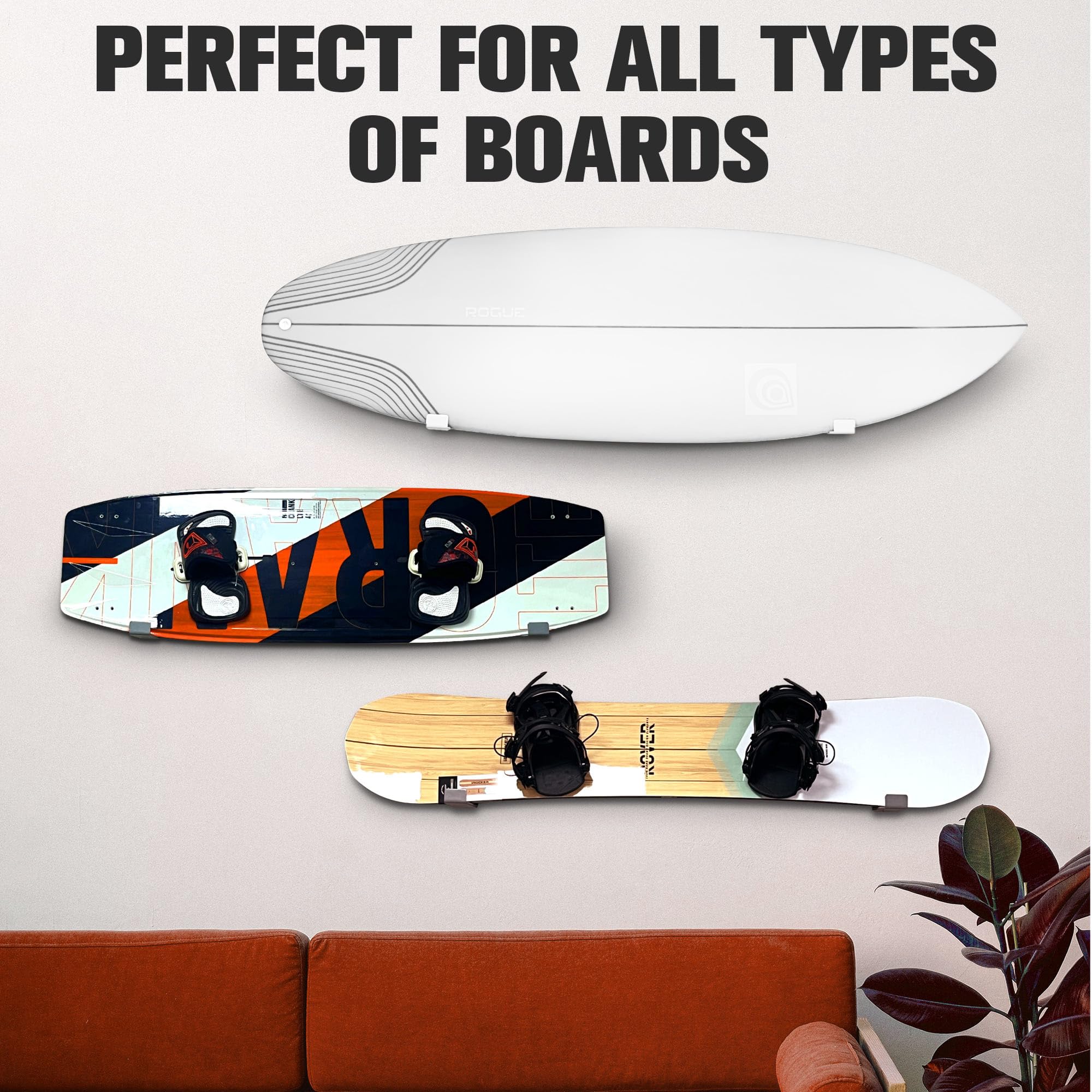 Minimalist Style Surfboard Wall Rack Longboard Paddle Board Display Storage Wall Mount Silver 6.5x1.25x2''
