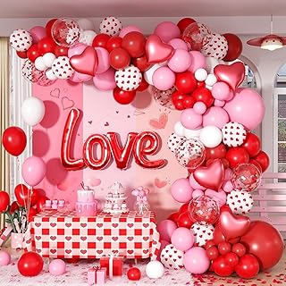 Valentines Day Balloon Arch Garland Kit, White Pink Red Heart Balloons Red Rose Petals Love Balloons for Engagement Annive...