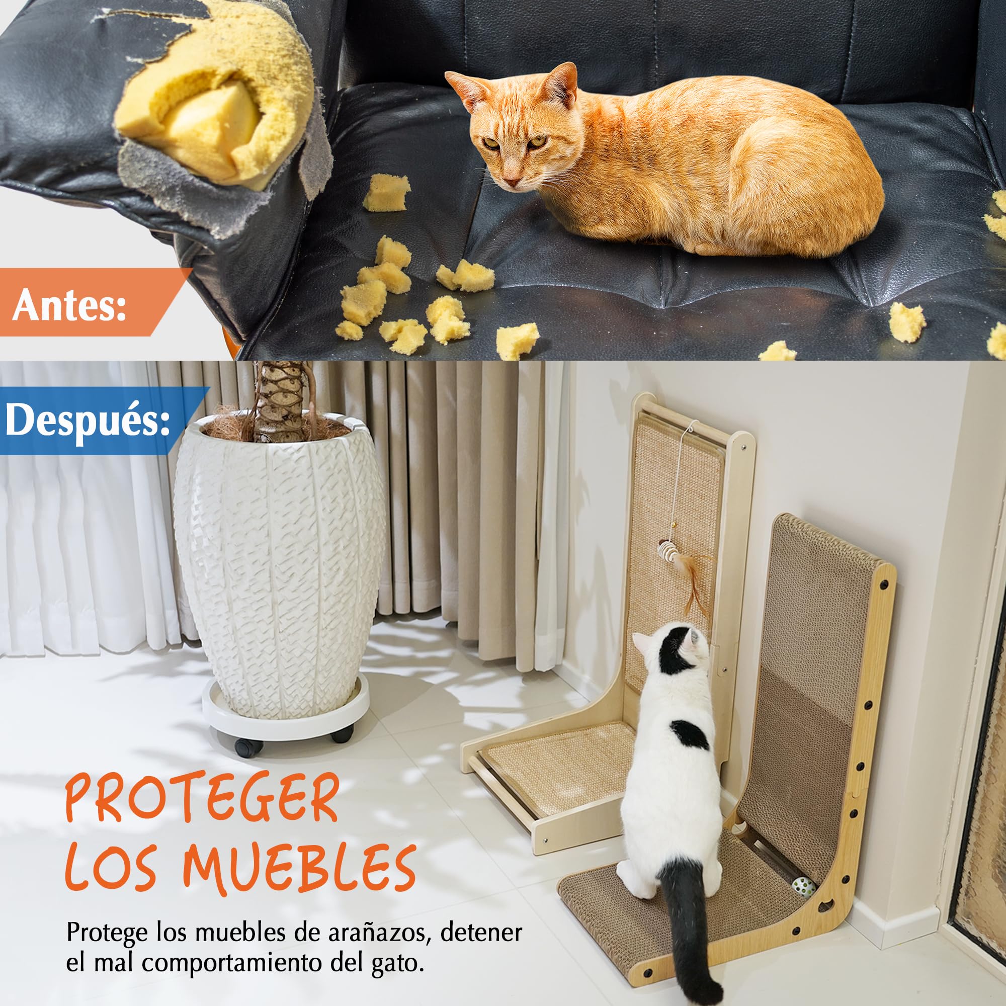 PETKARAY Rascador para Gatos, Almohadilla de Sisal, Rascador en Forma de L para Gatos de Interior, Rascador Montado en el Suelo con Juguete de Ratón y Hierba Gatera