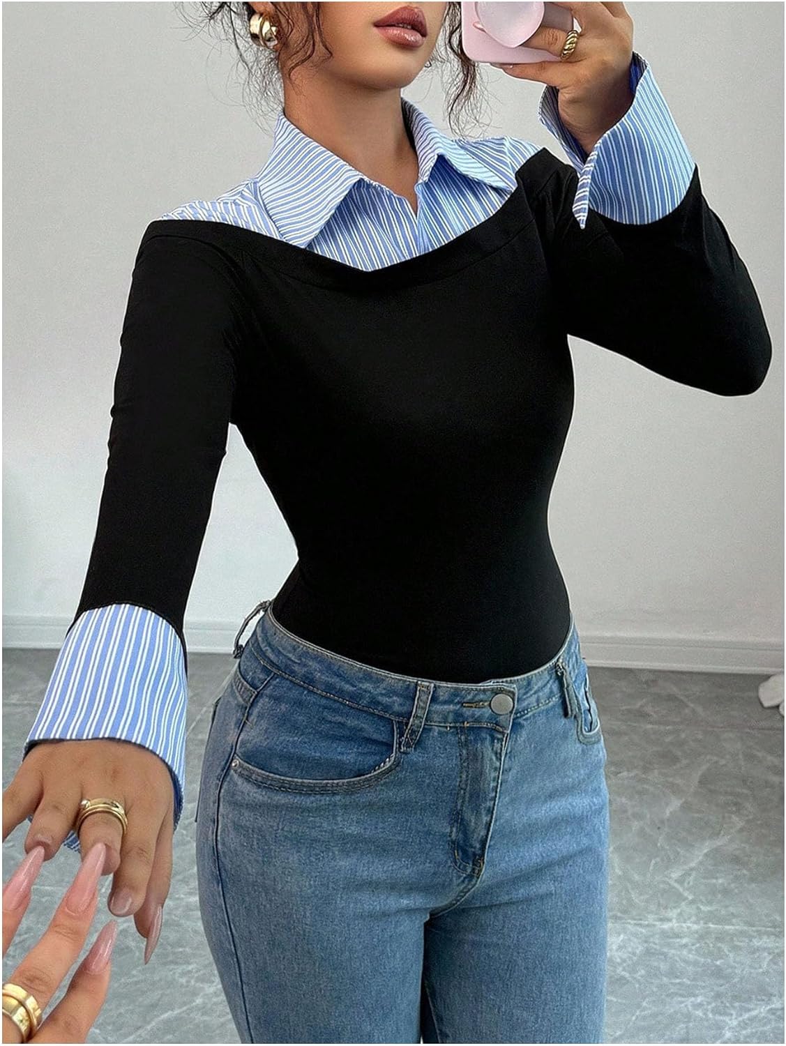 Milumia Women's Striped Collared Long Sleeve T Shirt Y2k Slim Fitted 2 in 1 Casual Work Tops - Image 2