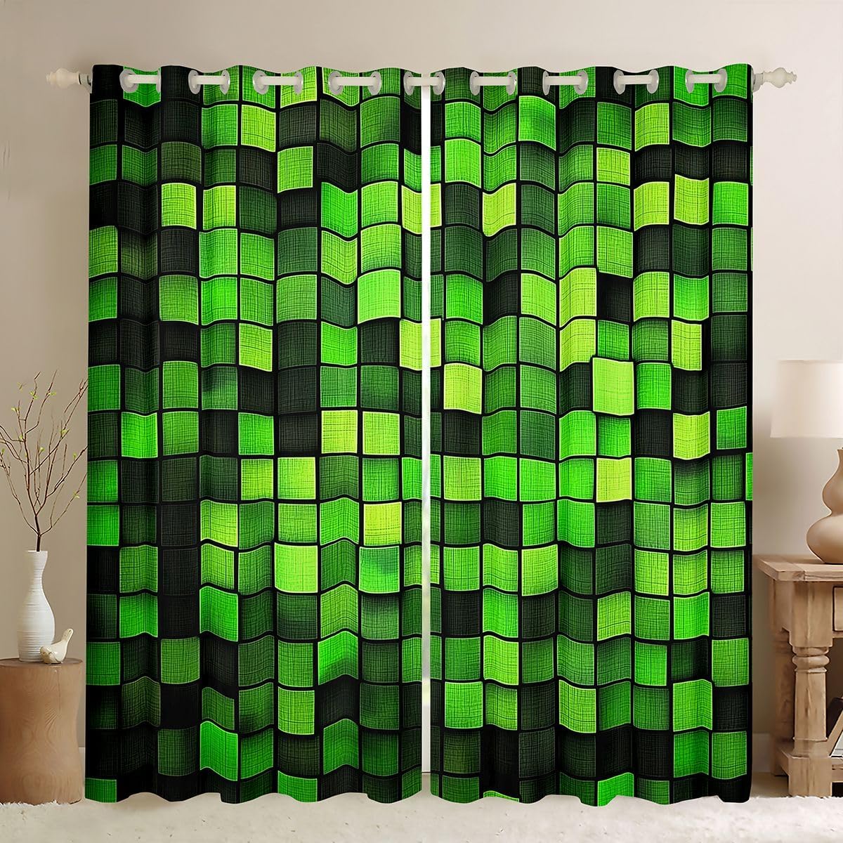 Manfei Pixelated Miners Game Window Drapes,Video Games Gamepad Gaming Blackout Curtains,Modern Geometric Square Boys Girls Room Decor,Dark Green 2 Panels,42Wx63L inch