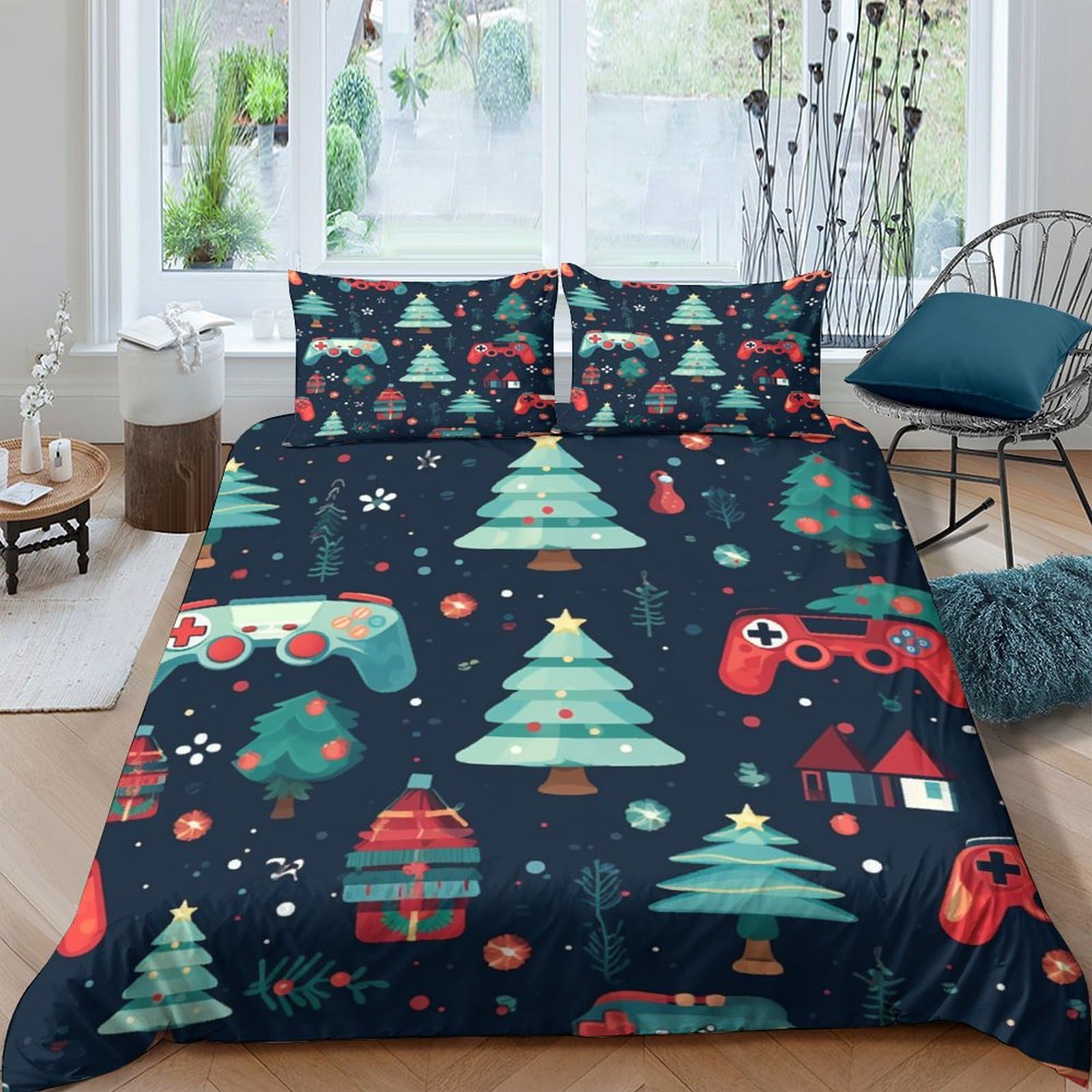 Housse de couette hypoallergénique et douce motif manette de jeux Noël