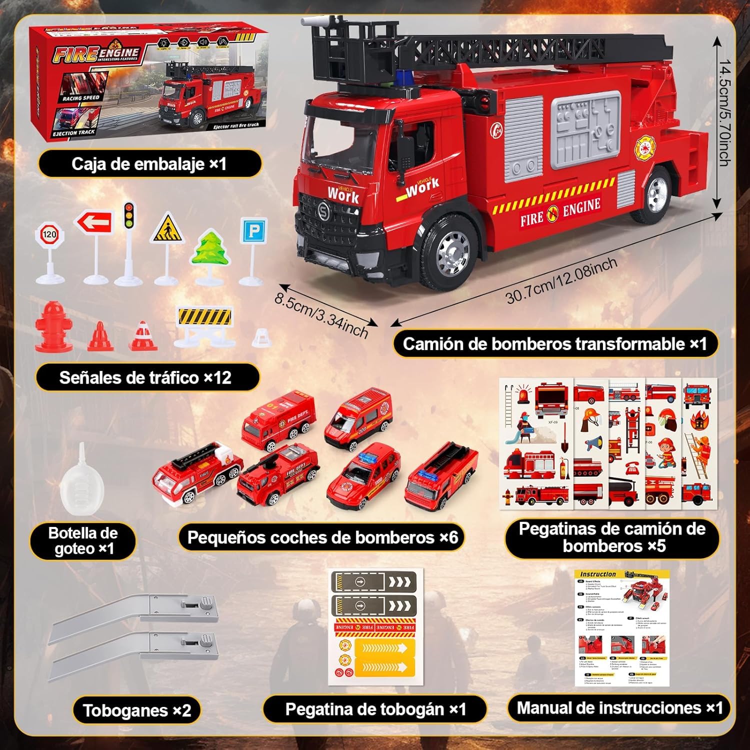 JONRRYIN Camion Bomberos Grande Juguete, Camión de Bomberos con Escalera de Rescate Extensible, Bomba Agua, Luces y Sonido, Camiones Grandes de Juguetes, Regalo para Niños y Niñas 3 4 5 6 7 8 Años