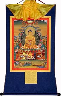 Tibetan Thangka Art,Shakyamuni(Gautama Buddha,Siddhattha Gotama),Buddhist Thangka Painting,Thangka Brocade Wall Hanging,Buddha Tapestry with Scroll,for Buddhist Altar Zen Meditation