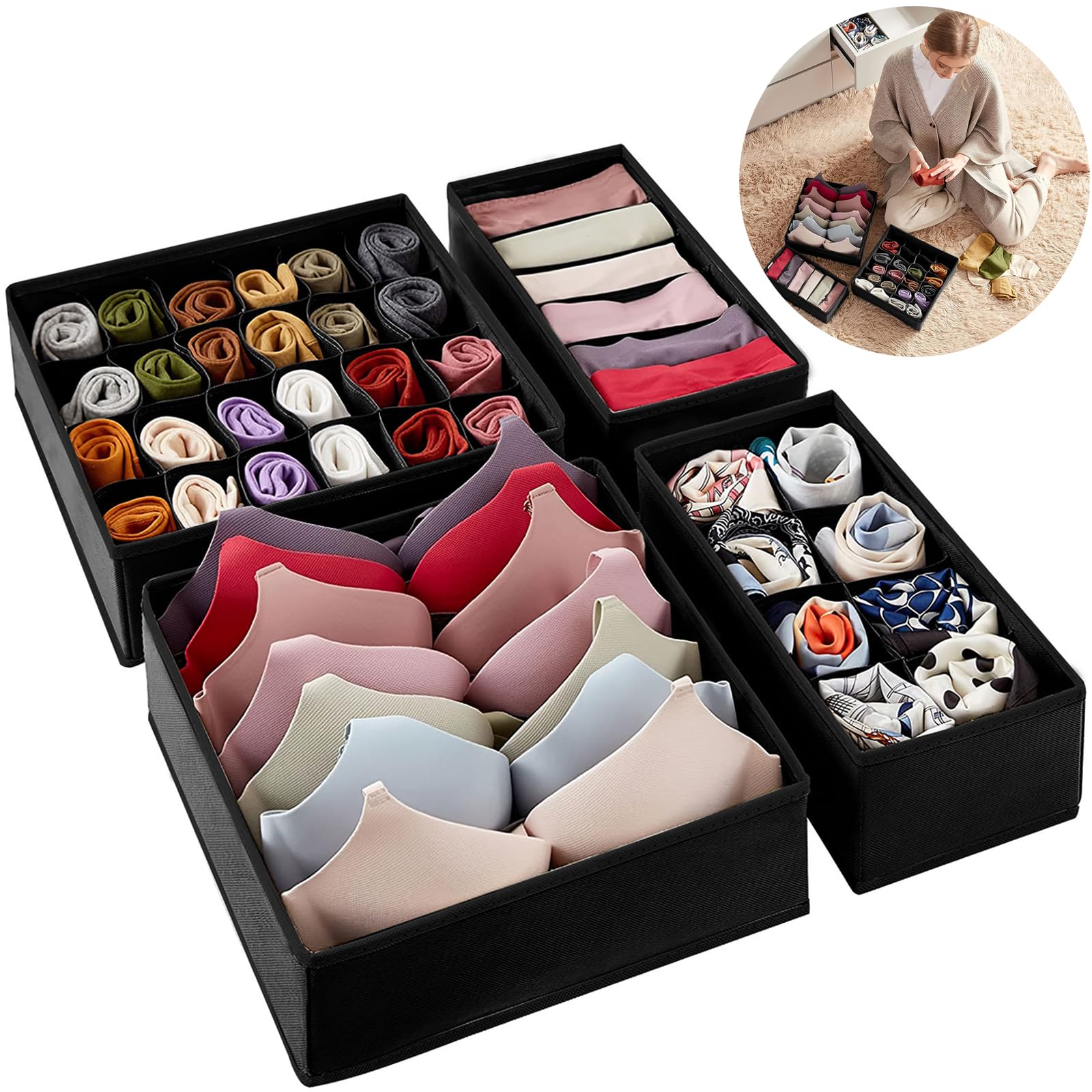 Organizador de Cajones 4 Piezas, Cajas Plegable para Ropa Interior, Negro - Negro