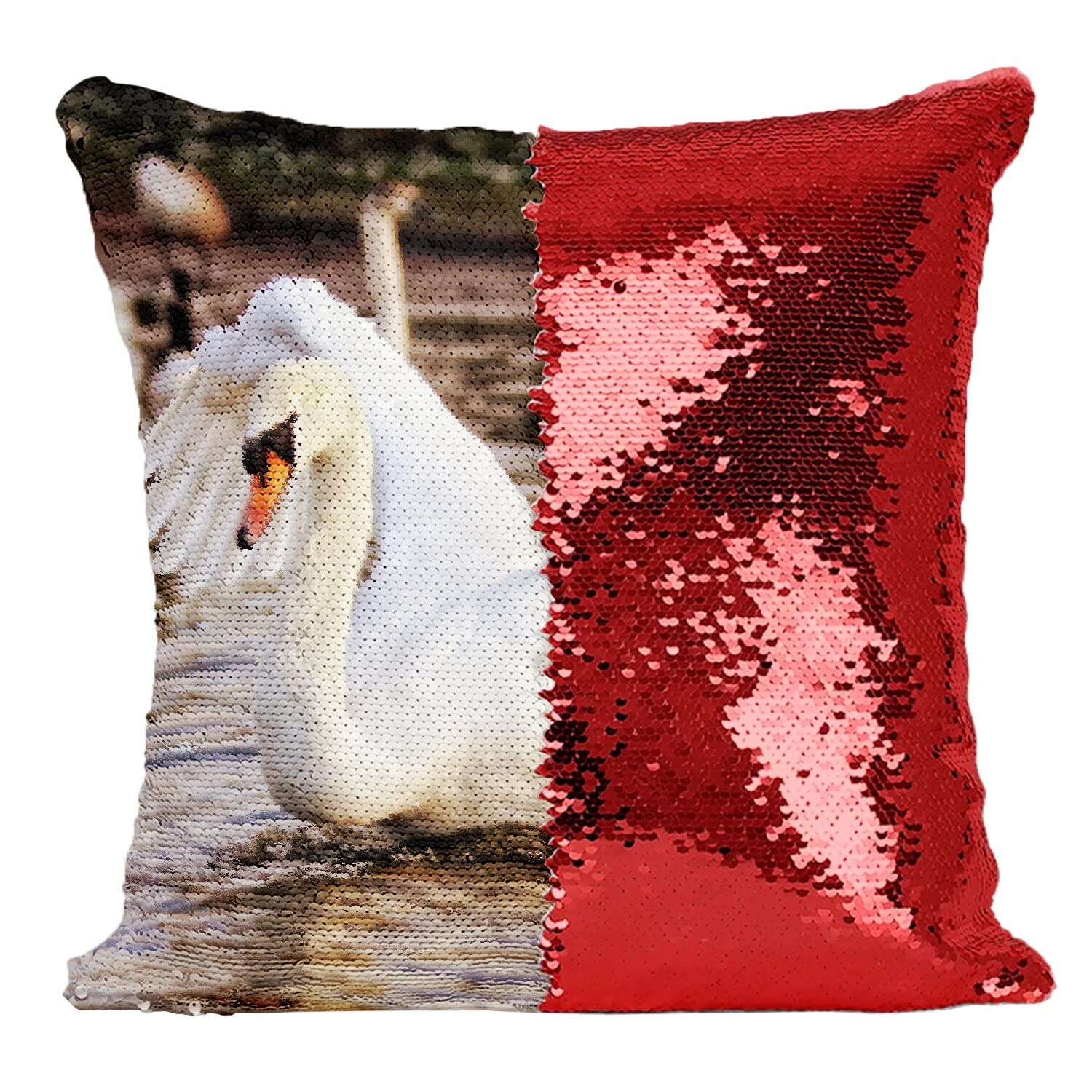 Coussin sequin paillettes rouge cygnes déco lac vie sauvage