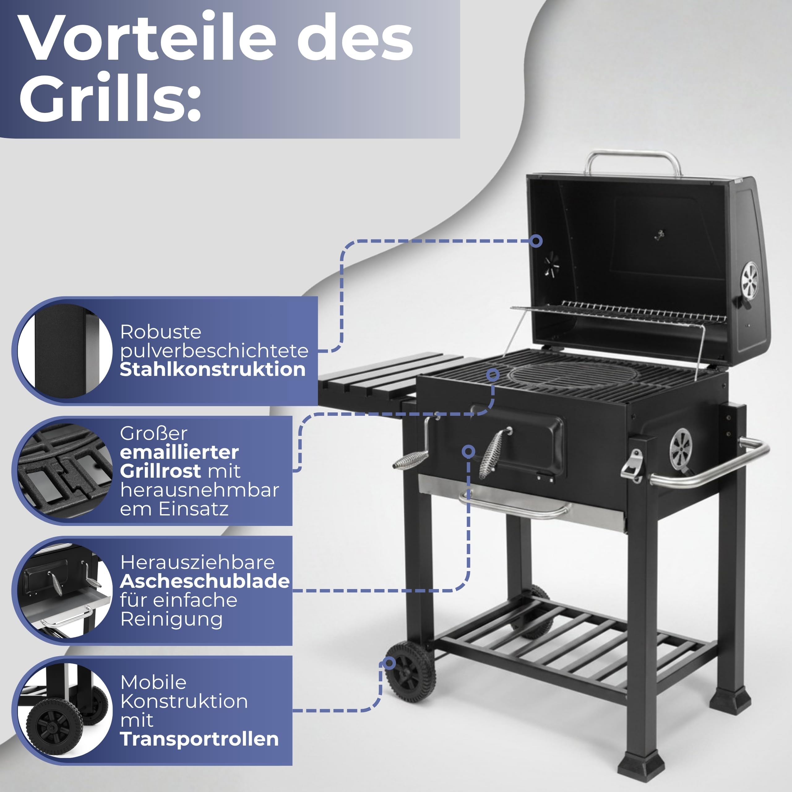 Holzkohlegrill Grillwagen BBQ Smoker mit Deckel Thermometer Höhenverstellbarer Kohlerost Fahrbarer Gartengrill mit Ablagen Flaschenöffner Rollen Camping SPRINGOS