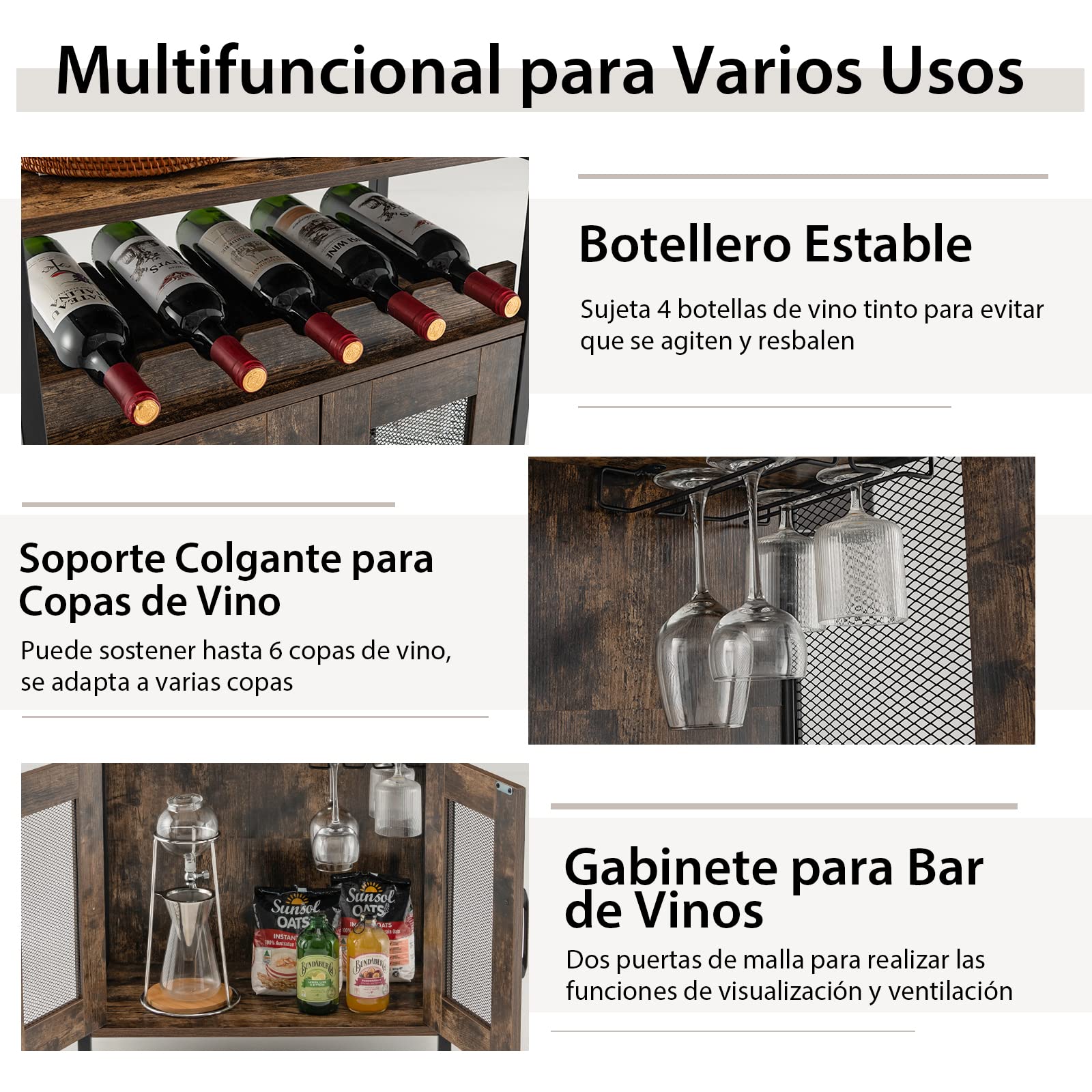 COSTWAY Armario Bar de Vinos, Armario para Licores en Casa con Estante Extraíble para Vinos y Portavasos, Armario Bar de Café con Almacenaje, Aparador Industrial con Puertas para Cocina (Café)