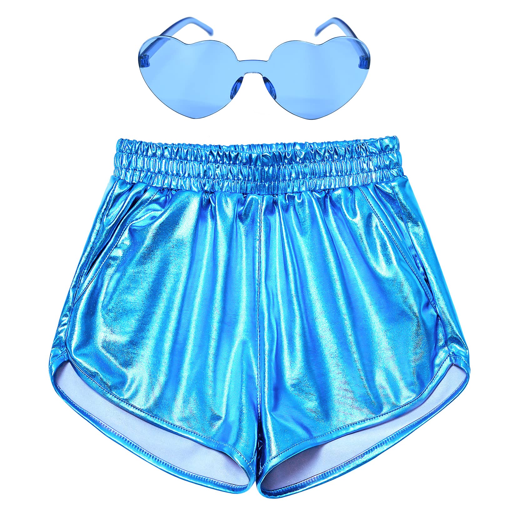 Mirawise Girls Metallic Shorts Shiny Hot Pants Sparkly Dance Outfits Short Pants with Sunglasses