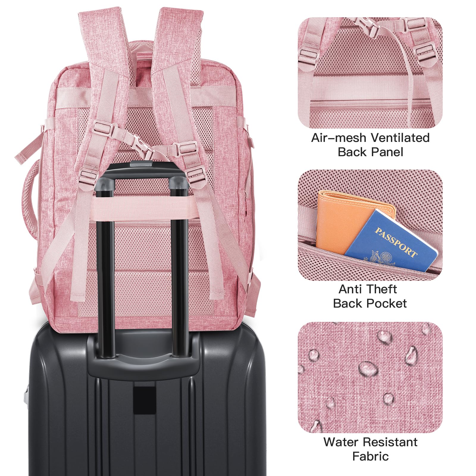 Gieury Mochila de viaje extensible para hombre y mujer 40-50 l, rosa, XL, Mochila de transporte