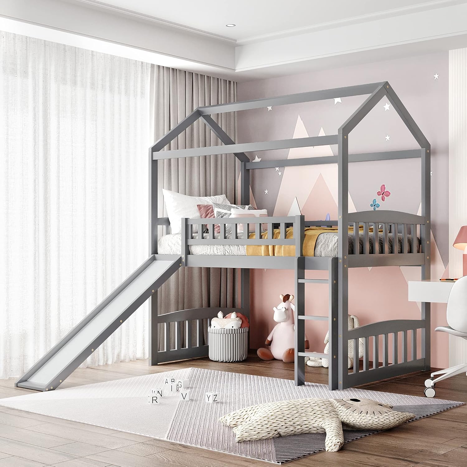 Buy NINIUS Twin Loft Bed with Slide, House Bed with Slide,Gray Online