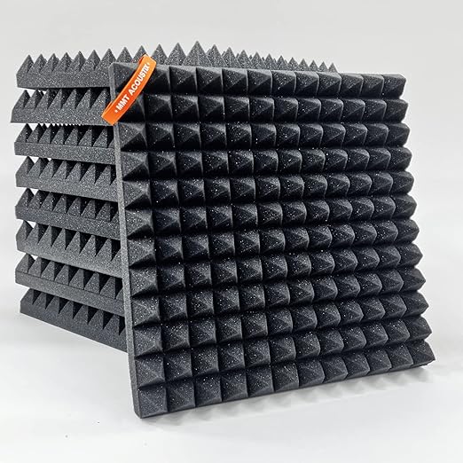 MMT Acoustix 63pc | 90% Absorption Pyramid Acoustic Foam 50 density 1x1ft 2 . Premium foam, precise soundproofing wall acoustic panels, echo reduction & noise reduction.Pro Charcoal