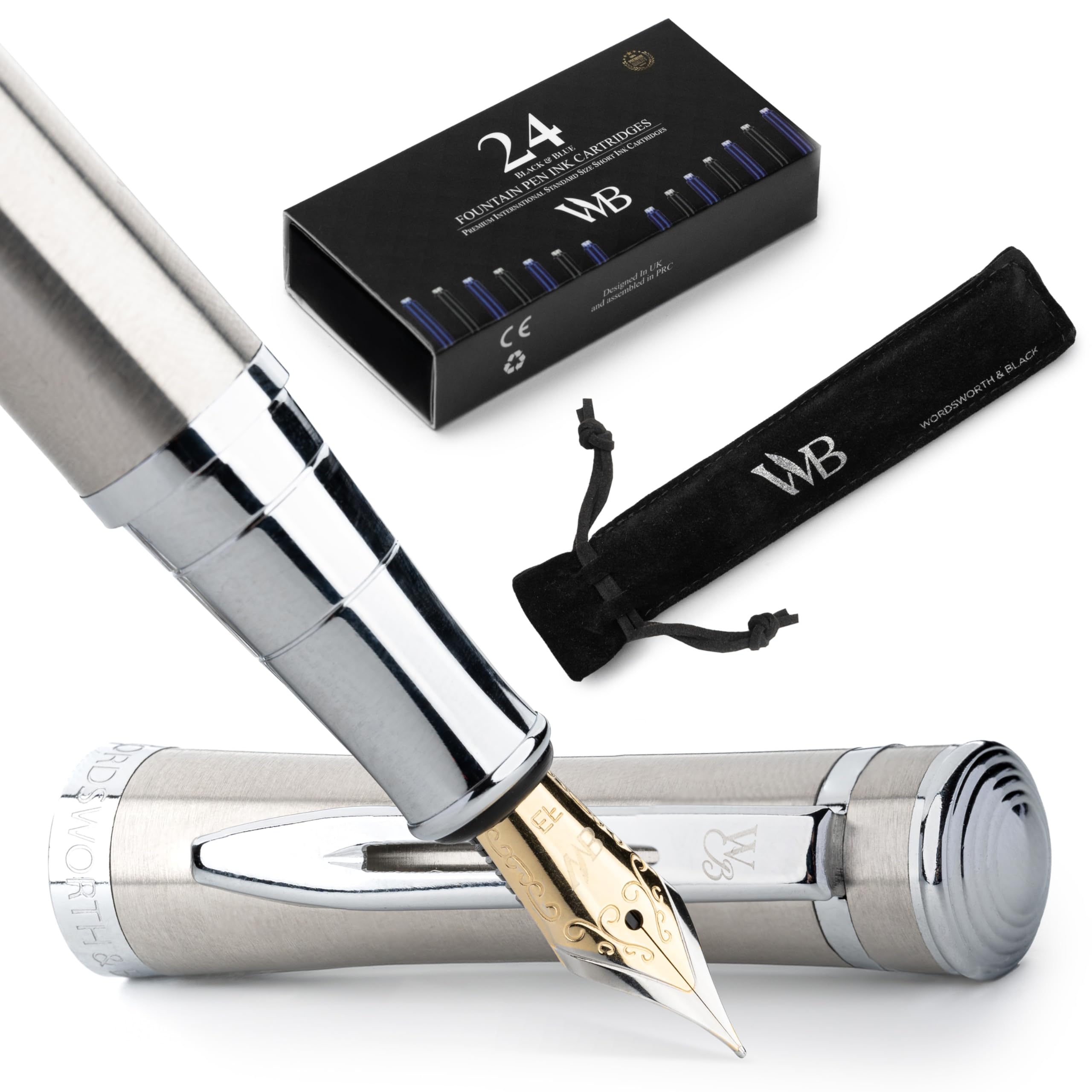 Wordsworth & Black Fountain Pen Set, Extra Fine Nib, Includes 24 Pack Ink Cartridges, Ink Refill Converter & Gift Pouch