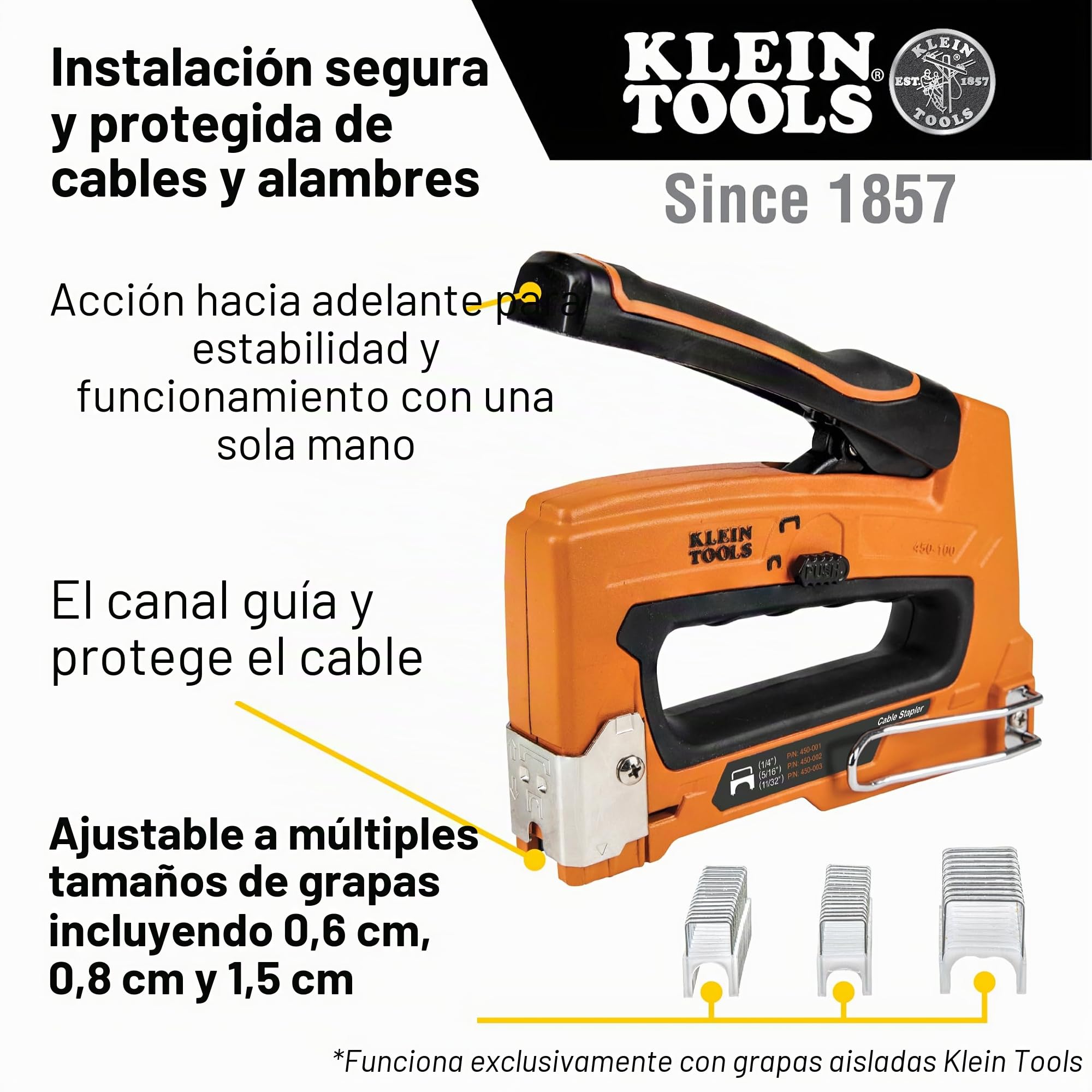 KLEIN TOOLS Grapadora resistente para voz, datos, vídeo y cable no metálico (Romex) para grapas de 1/4, 5/16 y 19/32 pulgadas 450-100