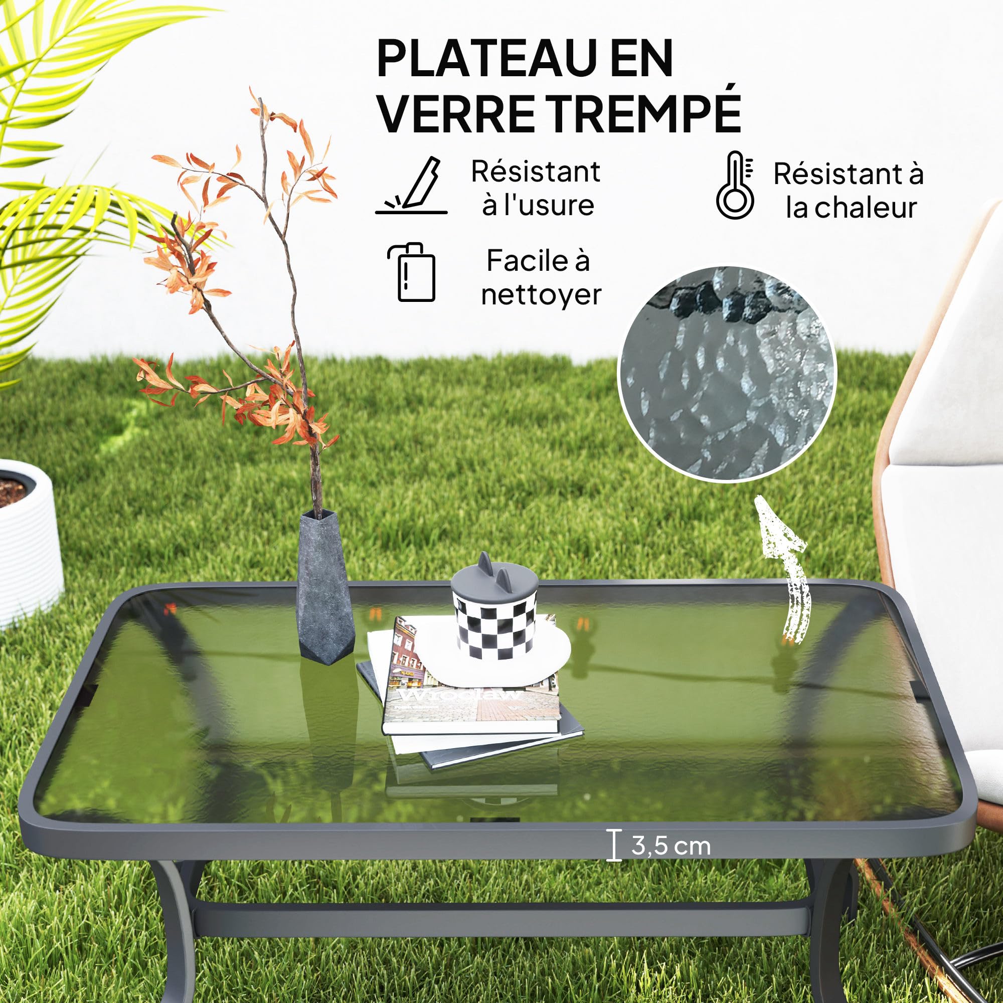 Outsunny Table Basse de Jardin Rectangulaire Verre Trempé Ondulations 95x55x46 cm Noir