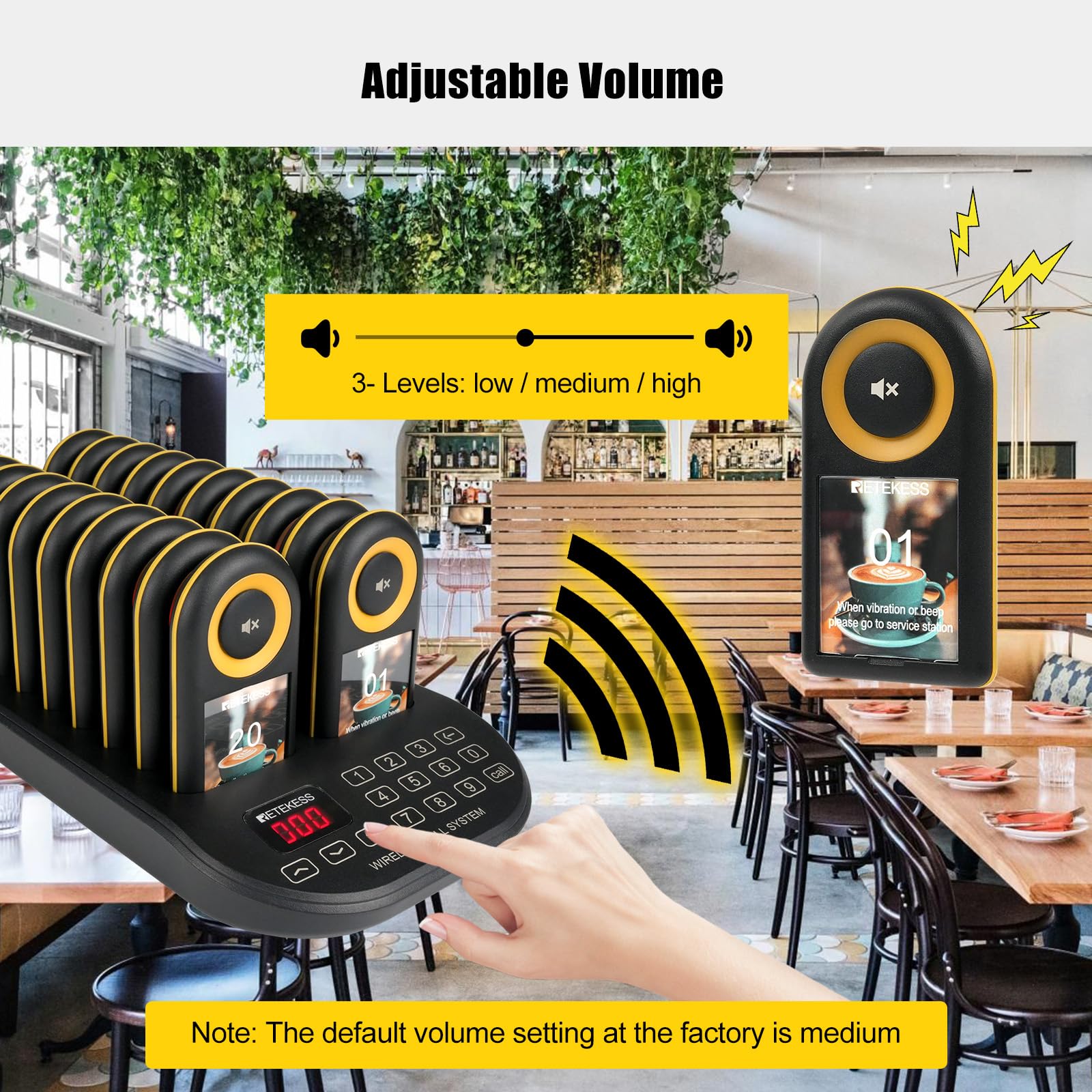 Retekess TD169 Buscapersonas Restaurante, 500M Avisadores Hosteleria, 20 Buscapersonas, 3 Niveles de Volumen, 7 Tonos de Llamada, con Vibración, 300mAh 24H, Avisadores Clientes para Café, Bare, Hotel