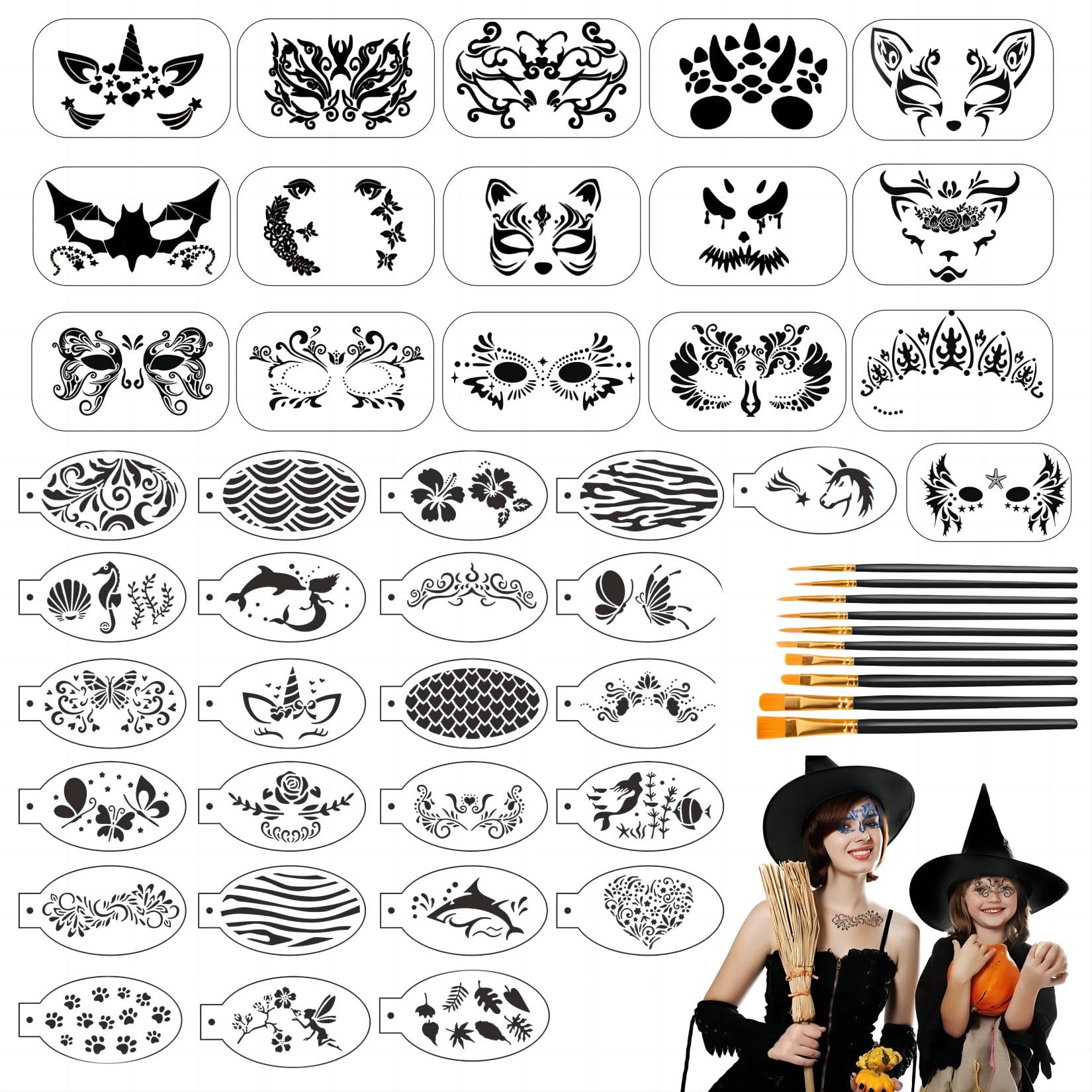 50 Pieces Face Paint Stencils Set,Reusable Face Painting Stencils Temporary Tattoos Body Painting Templates with 10 Drawing pens for Halloween Holiday Party Makeup Art Painting