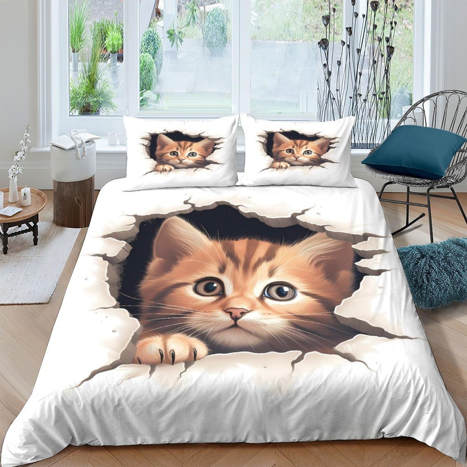 GPLZQXKJNH 3D Printed Cute Cat Duvet Cover Set Microfiber Soft Breathable Kitten Quilt Cover with 2 Pillowcases for Bedroom Decor Single（135x200cm）