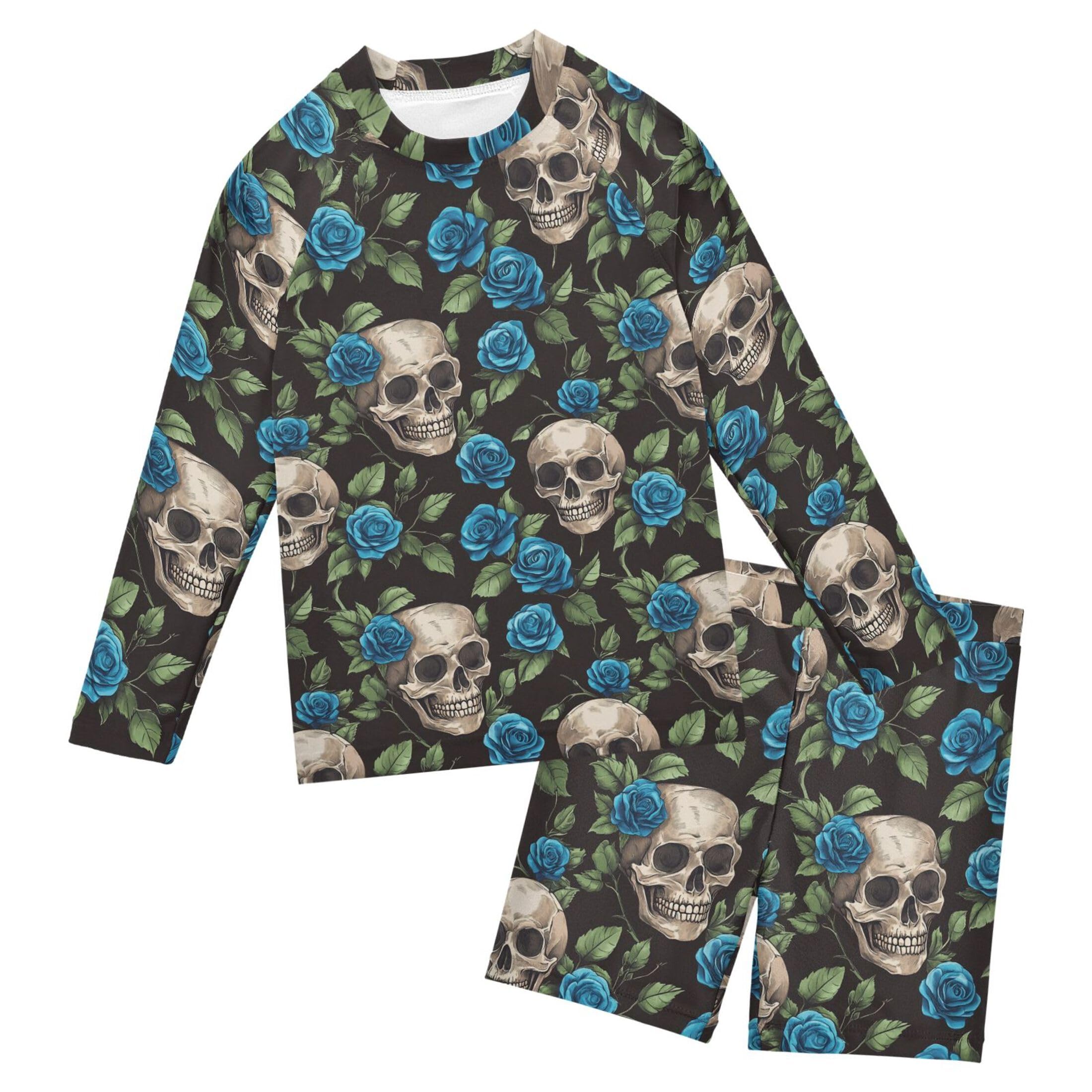 Skull Flower Boys Rash Guard Swimsuits Set for Boys Long Sleeve Swim Shirts Bathing Suits with Trunks B0404464