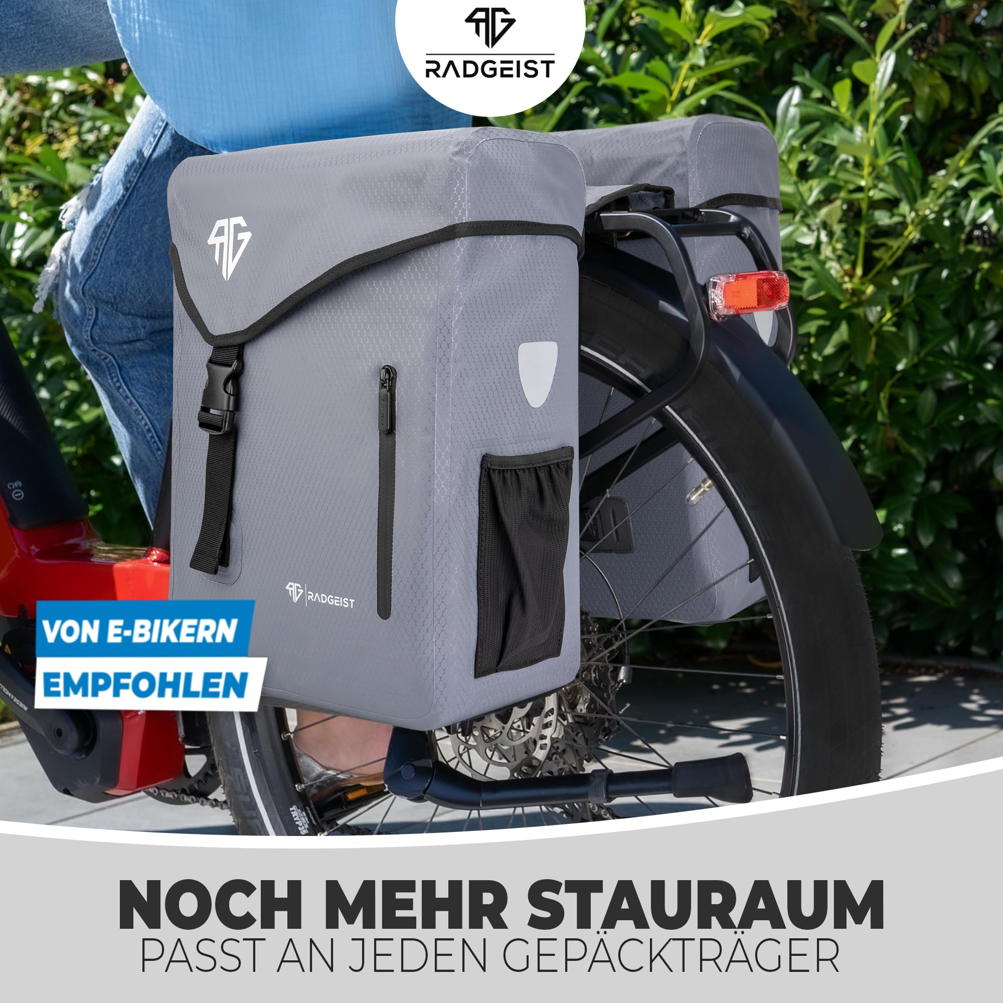 RADGEIST Borsa per portapacchi per bicicletta, 100% impermeabile, doppia borsa per bicicletta, 50 litri, doppia borsa per portapacchi con fissaggio semplice (grigio)