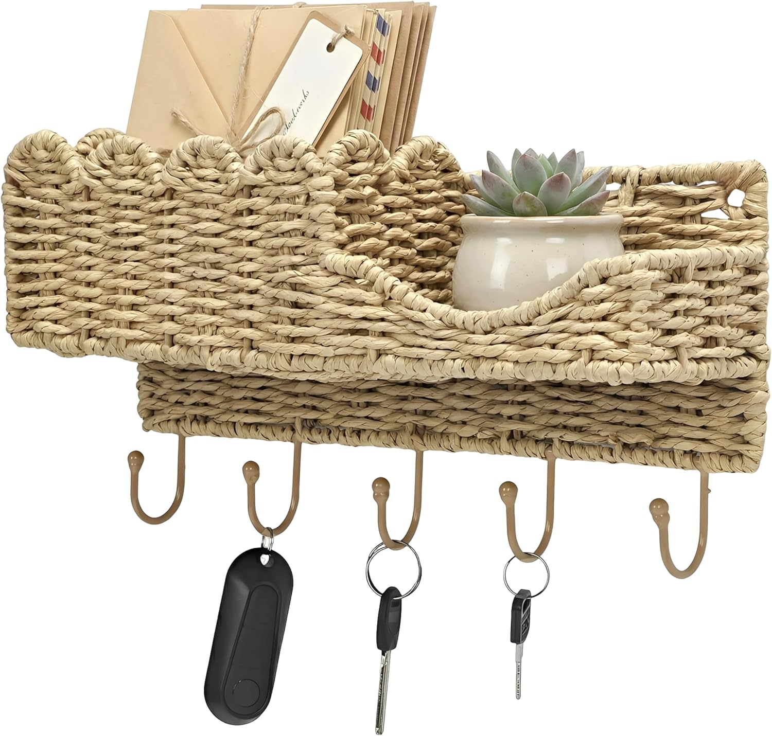 Hook Woven Rattan Key Holder & Mail Organizer, Scalloped Wave Design Decorative Wall Mount for Entryway, Living Room & Hallway, Natural Paper Rattan