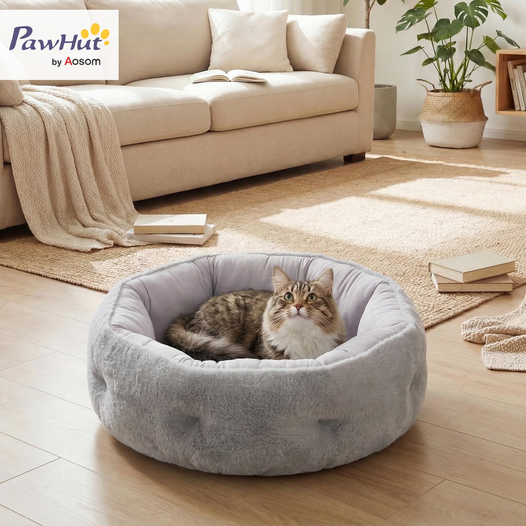 PawHut Lit pour Chat, Panier Réversible Rond Rebord 62x62x21cm Gris Clair | Panier pour Chats d'Intérieur et Petits Chiens