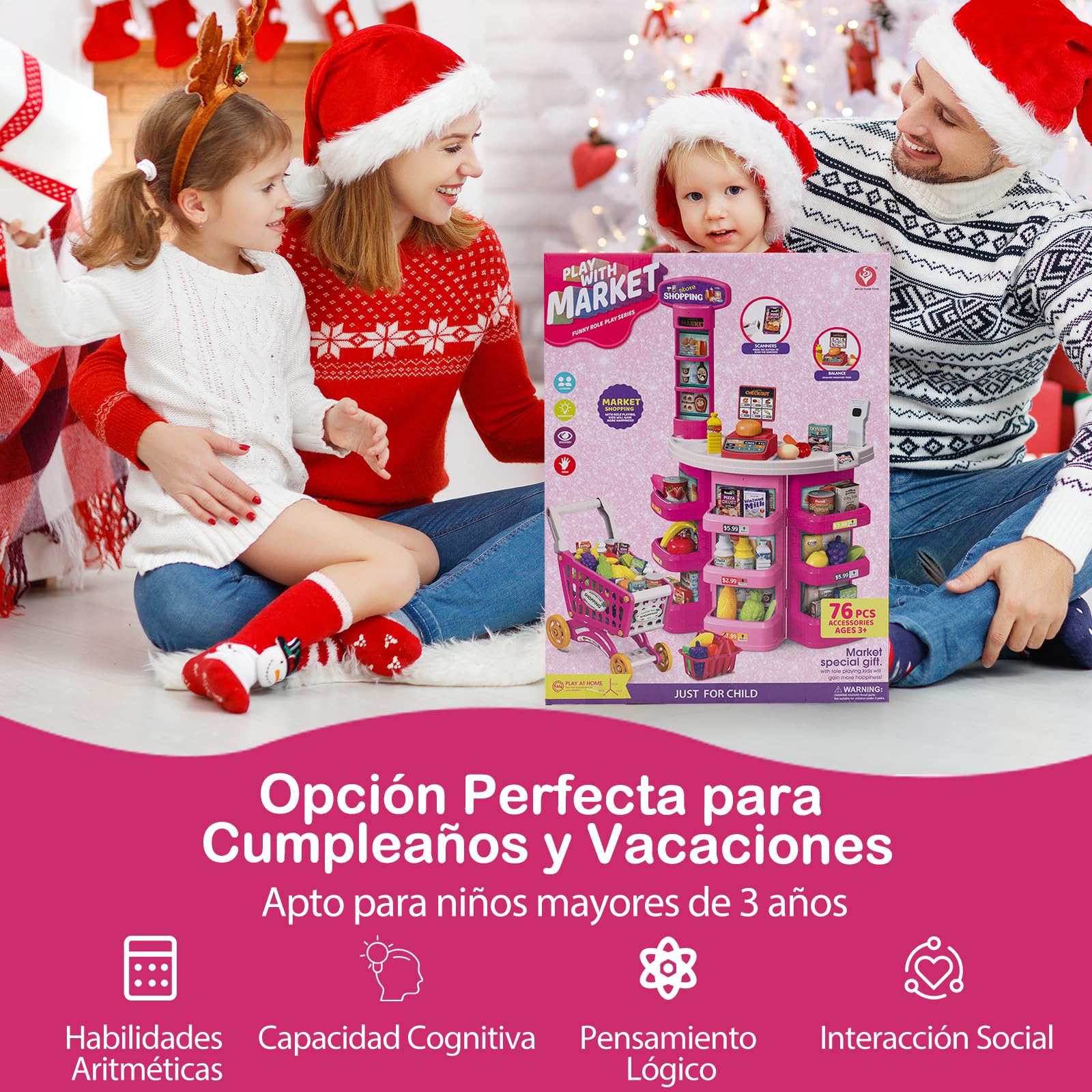 GOPLUS Supermercado para Niños con Mostrador, Carrito de Compras y Cesta, Balanza Simulada, Caja Registradora con Luz y Sonido, Supermercado de Juguete con 76 Accesorios para 3+ Años (Rosa)