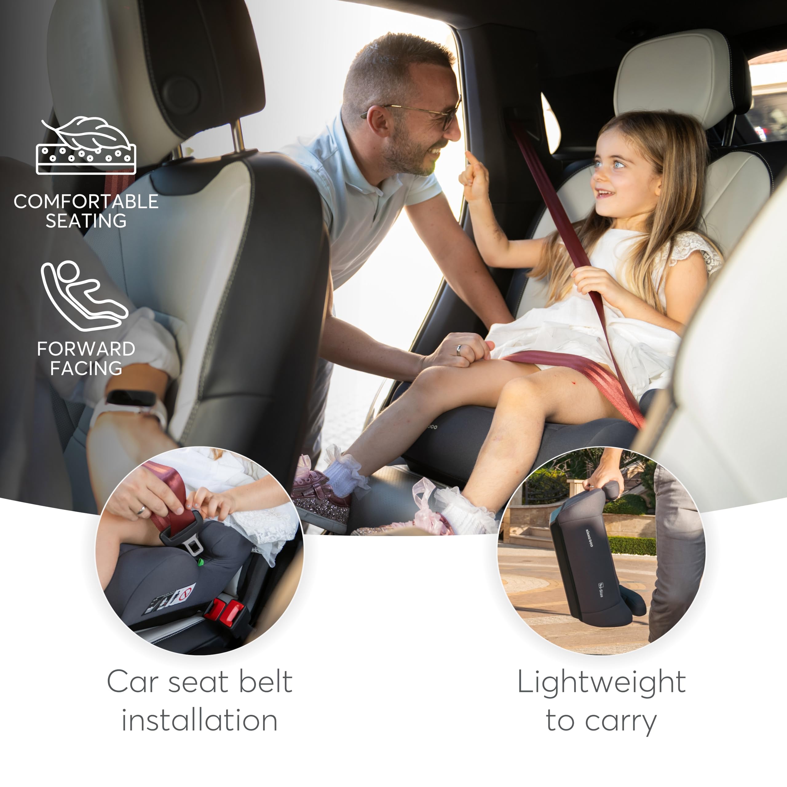 KikkaBoo Fotelik Samochodowy i-UP i-Size, Grupa 3, 125–150 cm, dla Dzieci 7–12 Lat (22–36 kg), Montaż na Pas Samochodowy, Lekki i Kompaktowy, Czarny