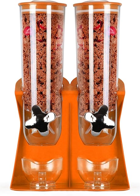 Britshopstop Double Cereal and Dry Food Dispenser with Built in Spill Tray for Home, Kitchen, Counter Tops, Breakfast, Pets, Cat Food, Dog Food, Candy, Pantry, and Meals (Orange),ENY-C9