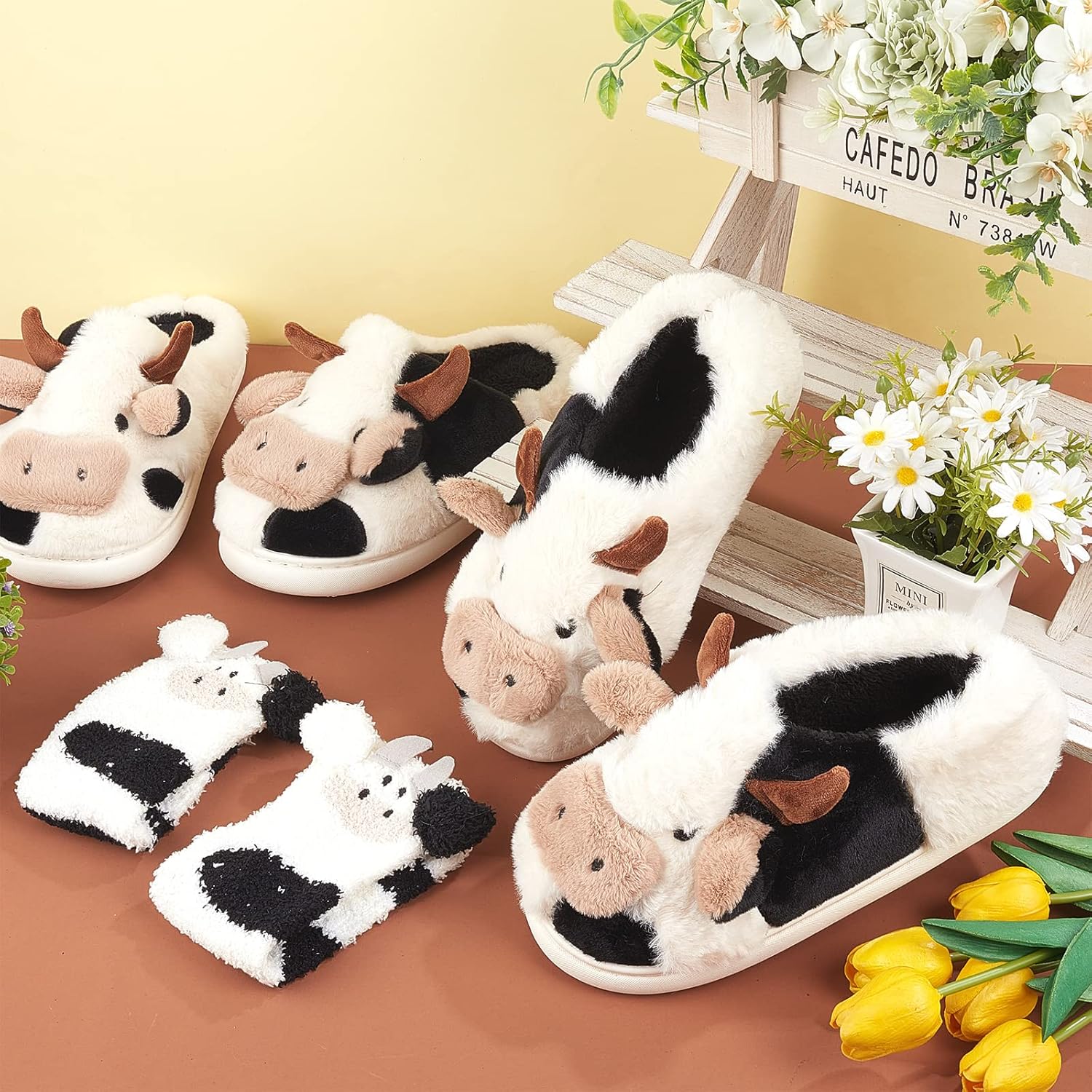 Zhanmai Fuzzy Cow Slippers Sock Gift Women Cartoon Animals Fluffy Plush Non Skid Winter Print House Shoes - Image 7