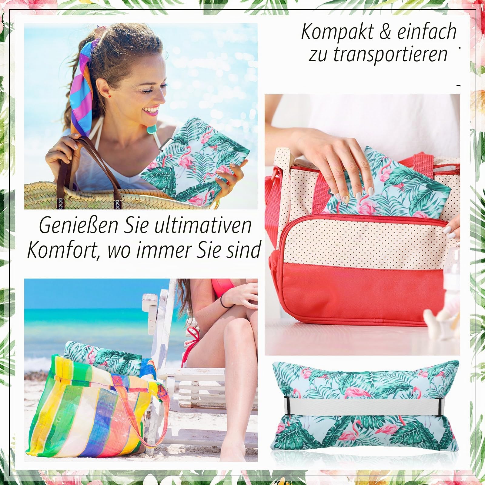 Menkxi Aufblasbares Strandkissen mit abnehmbarem Bezug, Outdoor-Pool-Kissen, Strandkorb-Kissen für Sand, aufblasbares Camping-Kissen für Reisen, Urlaub, tropischer Flamingo