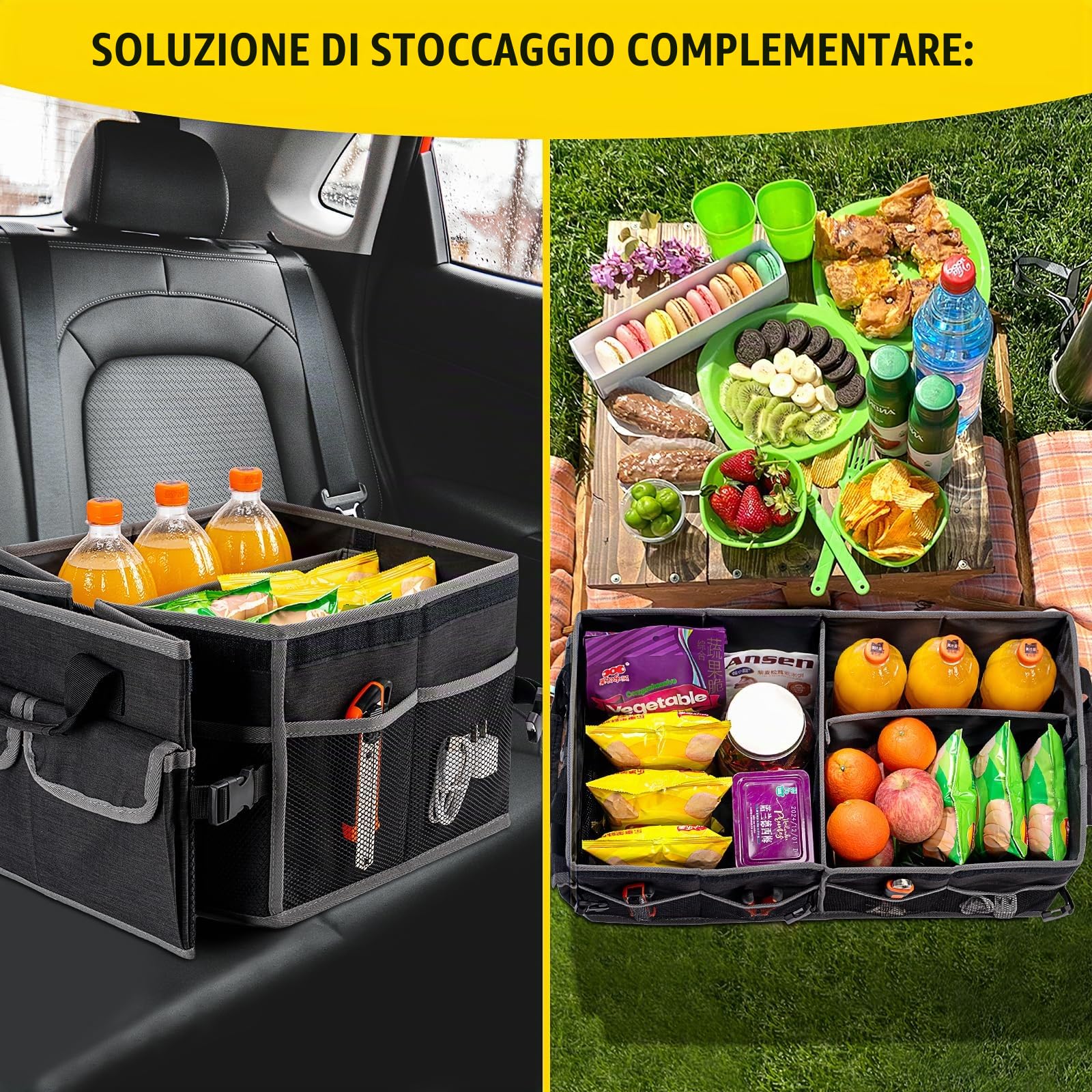 YBCPACK Organizer per bagagliaio dell'auto, 60 l, con coperchio, impermeabile e pieghevole, con velcro antiscivolo, 3 livelli e tasche laterali, organizer per auto in materiale Oxford, per campeggio,