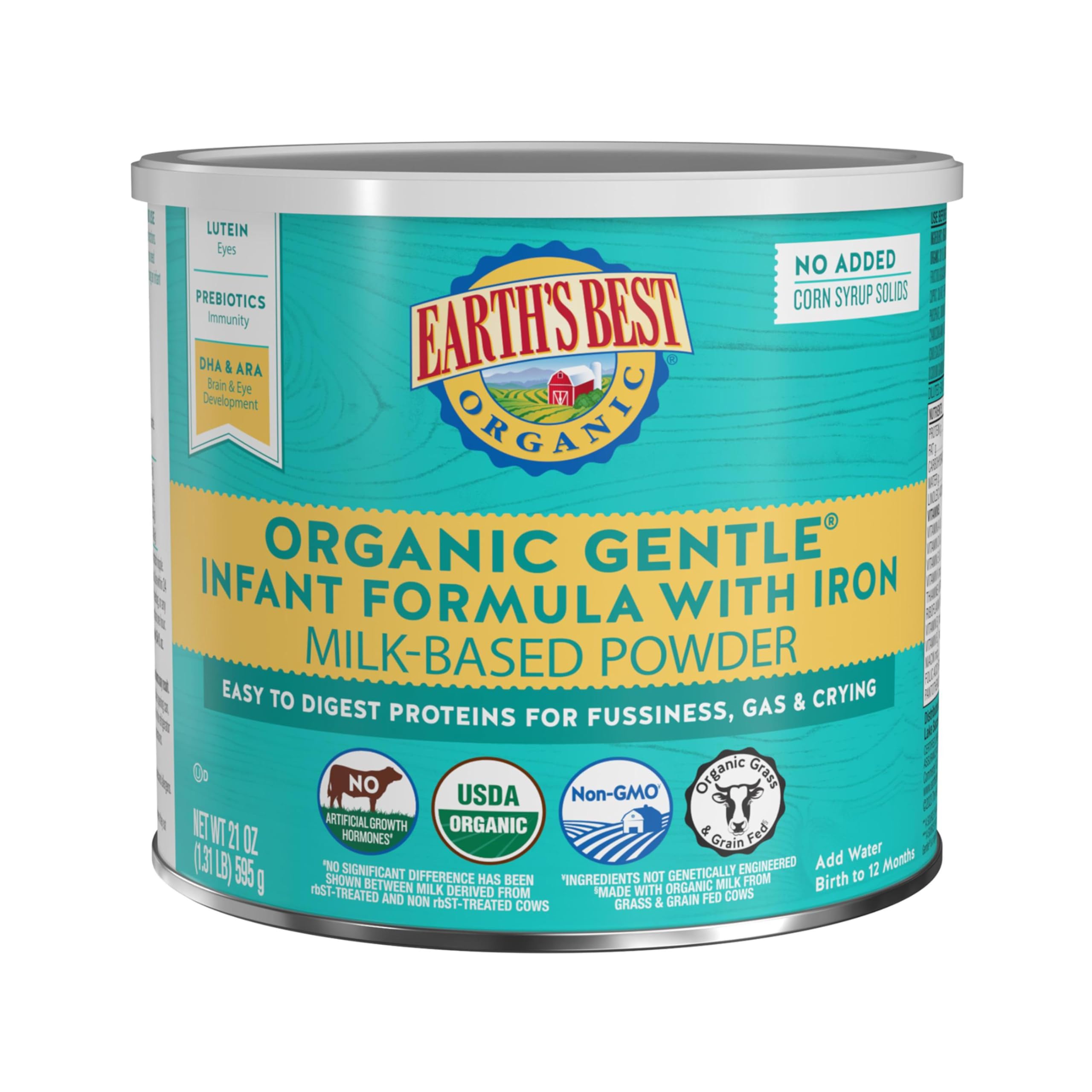 Earth's Best Organic Gentle Infant Formula for Babies 0-12 Months, Milk-Based Powder Formula with Iron, Omega-3 DHA, and Omega-6 ARA, 21 Ounce ContainerUSDA Organic