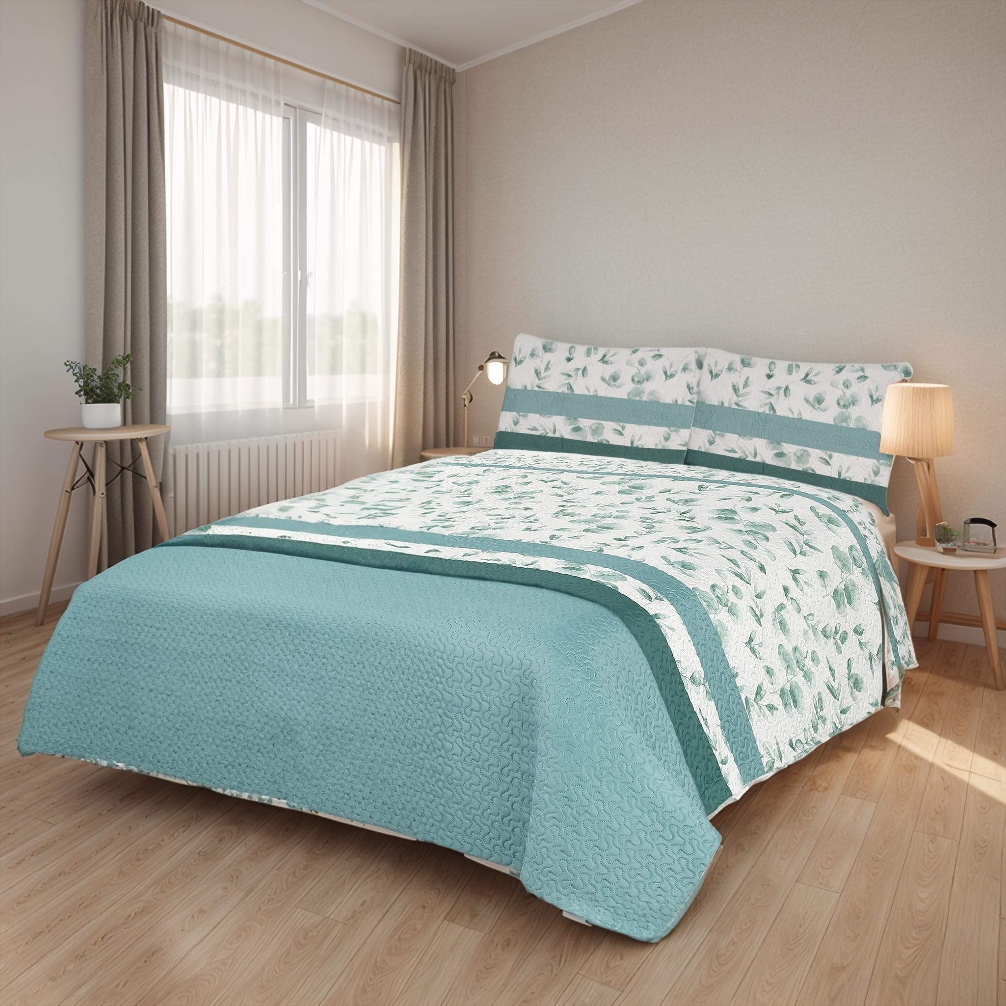 Etrexonline Colcha Bouti Reversible Estampada 100% Microfibra Extra Suave Colcha Cubre Cama Multiusos para Primavera y Verano Incluye 2 Fundas de Cojín, Cama 120/135-230x260cm - Hoja Verde