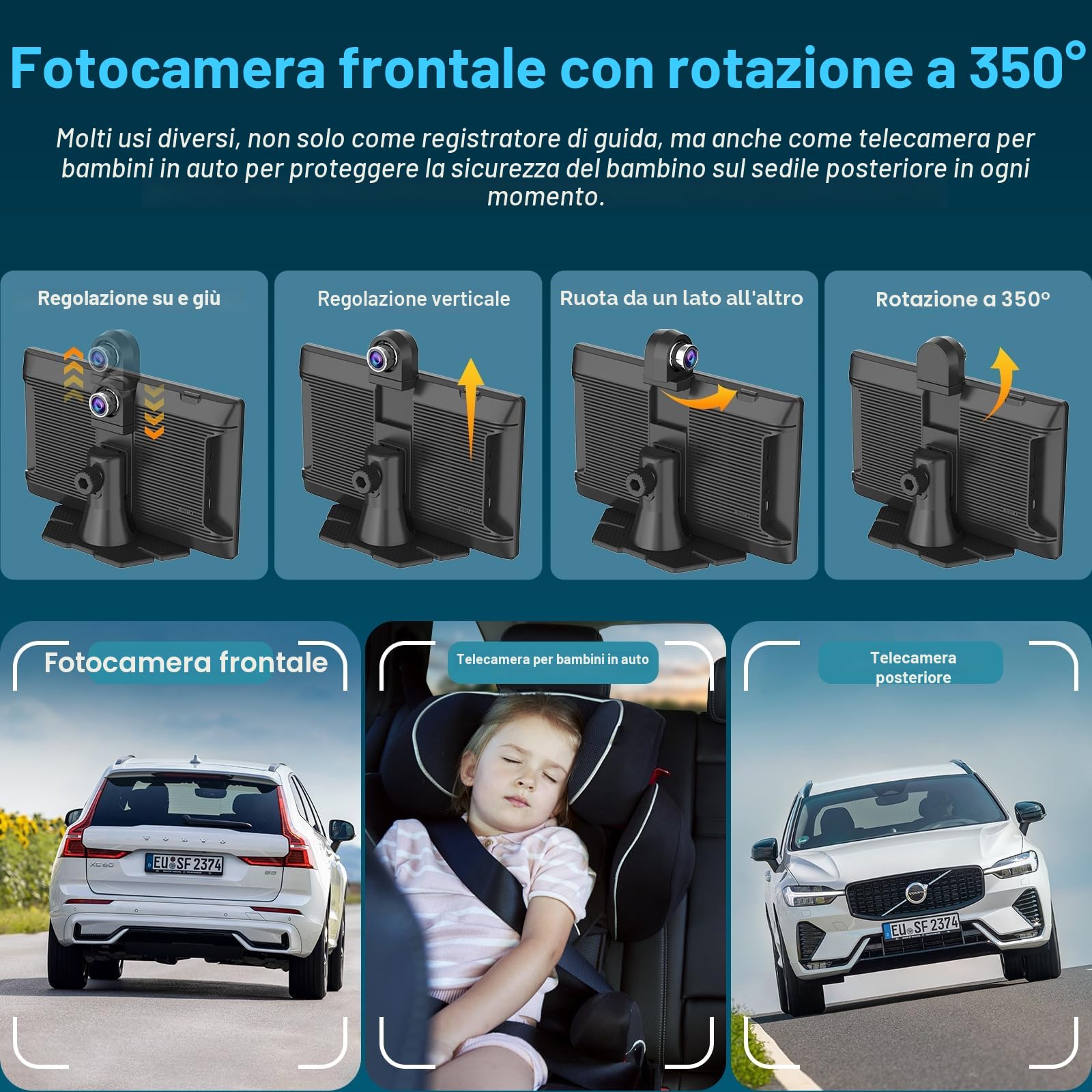 Carpuride W905 Carplay Schermo con Dashcam, Senza Fili Carplay & Android Auto, 9" Touchscreen HD Portatile, 4K Fotocamera Anteriore & Backup, Registrazione Loop, Bluetooth, Mirror Link, GPS, Siri.