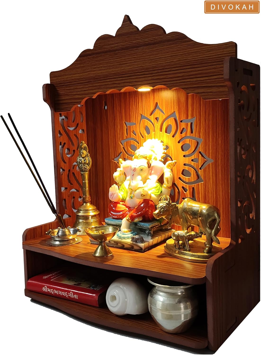 DIVOKAH® Beautiful Wooden Pooja Mandir for Home/Temple for Home and Office/Puja Mandir/Puja Stand/Pooja Mandapam with LED Spot Light (8 MM Plywood Thickness) LEDOMF