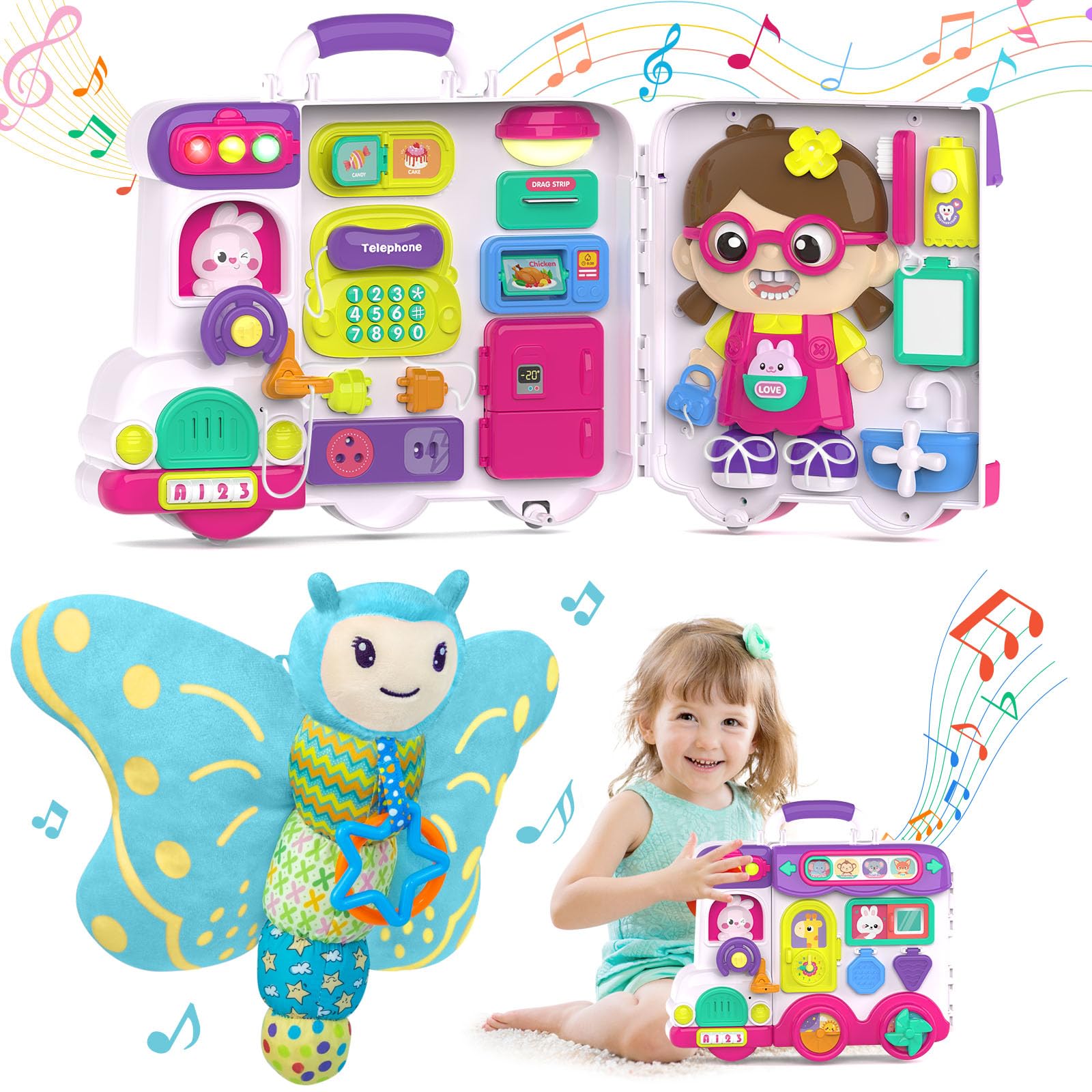 VOILBTOY Montessori Busy Board & Blue Butterfly Toys for 0-3 Year Old