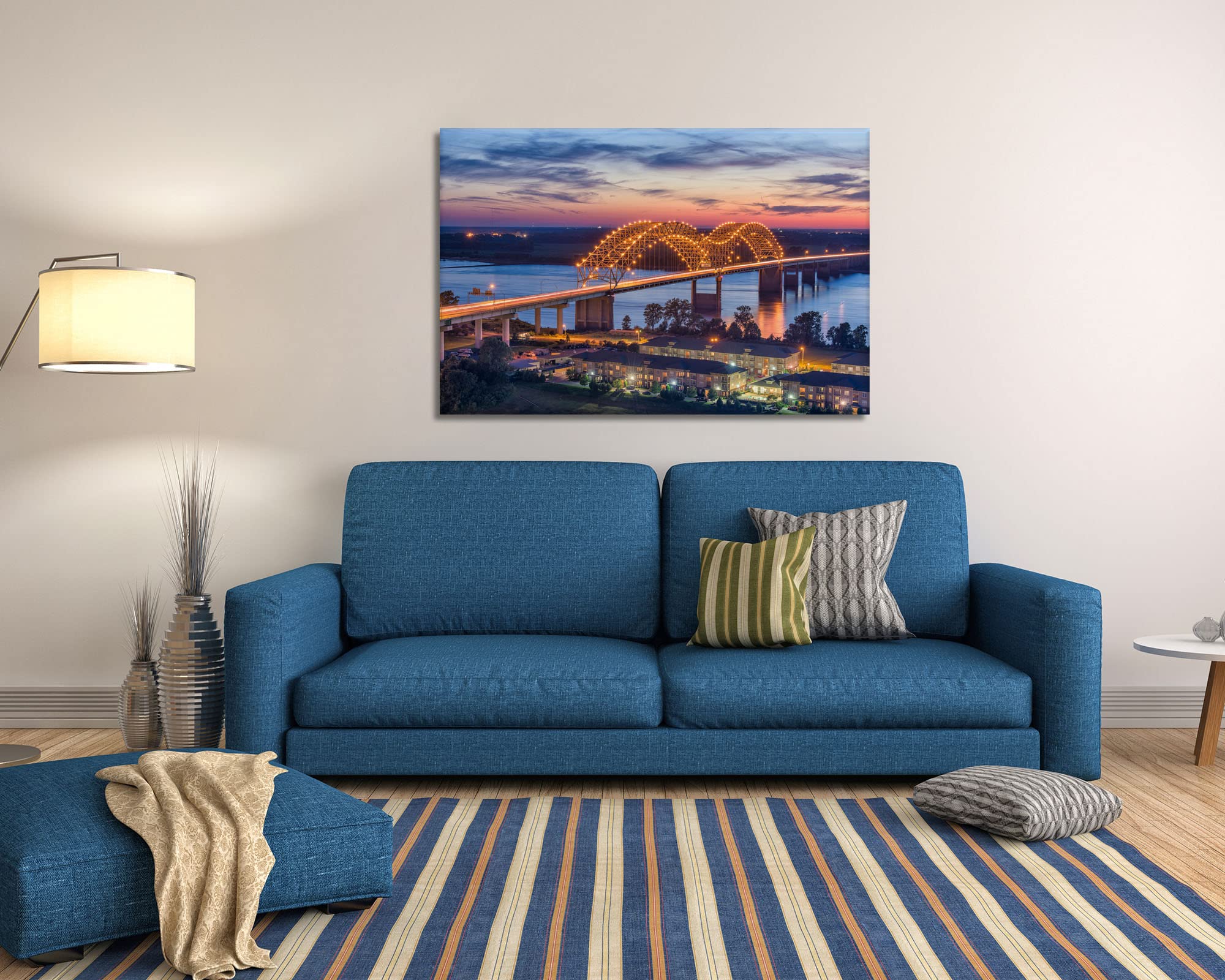 Memphis Skyline at Dusk Wall Art, Framed Prints Tennessee Cityscape Canvas Wall Decor, Hernando de Soto Bridge Picture US City Night View Painting Poster Ready to Hang(36x24 inches)