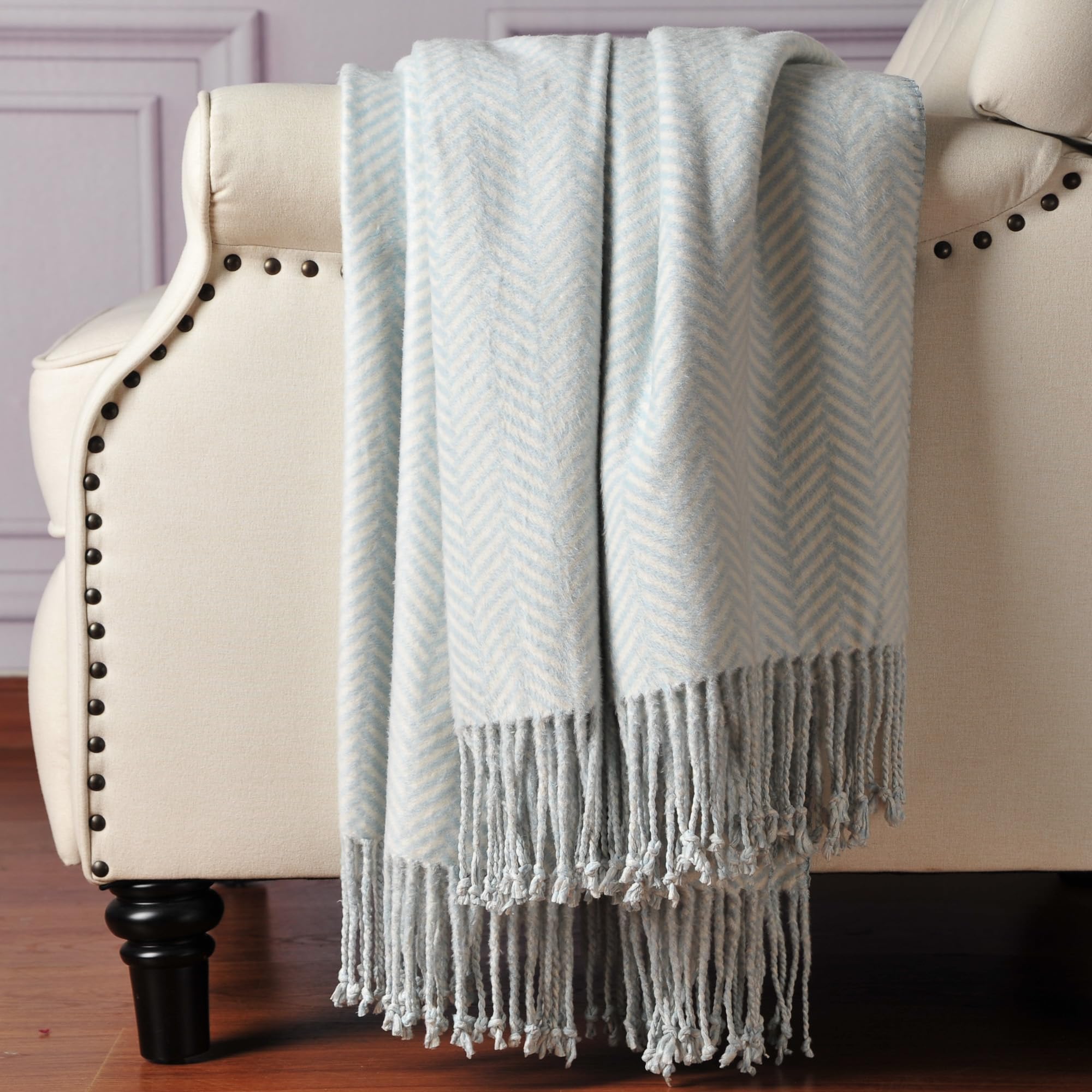 CUDDLE DREAMS Silk Throw Blanket with Fringe, Pure Mulberry Silk, Naturally Soft, Breathable (Herringbone Blue)