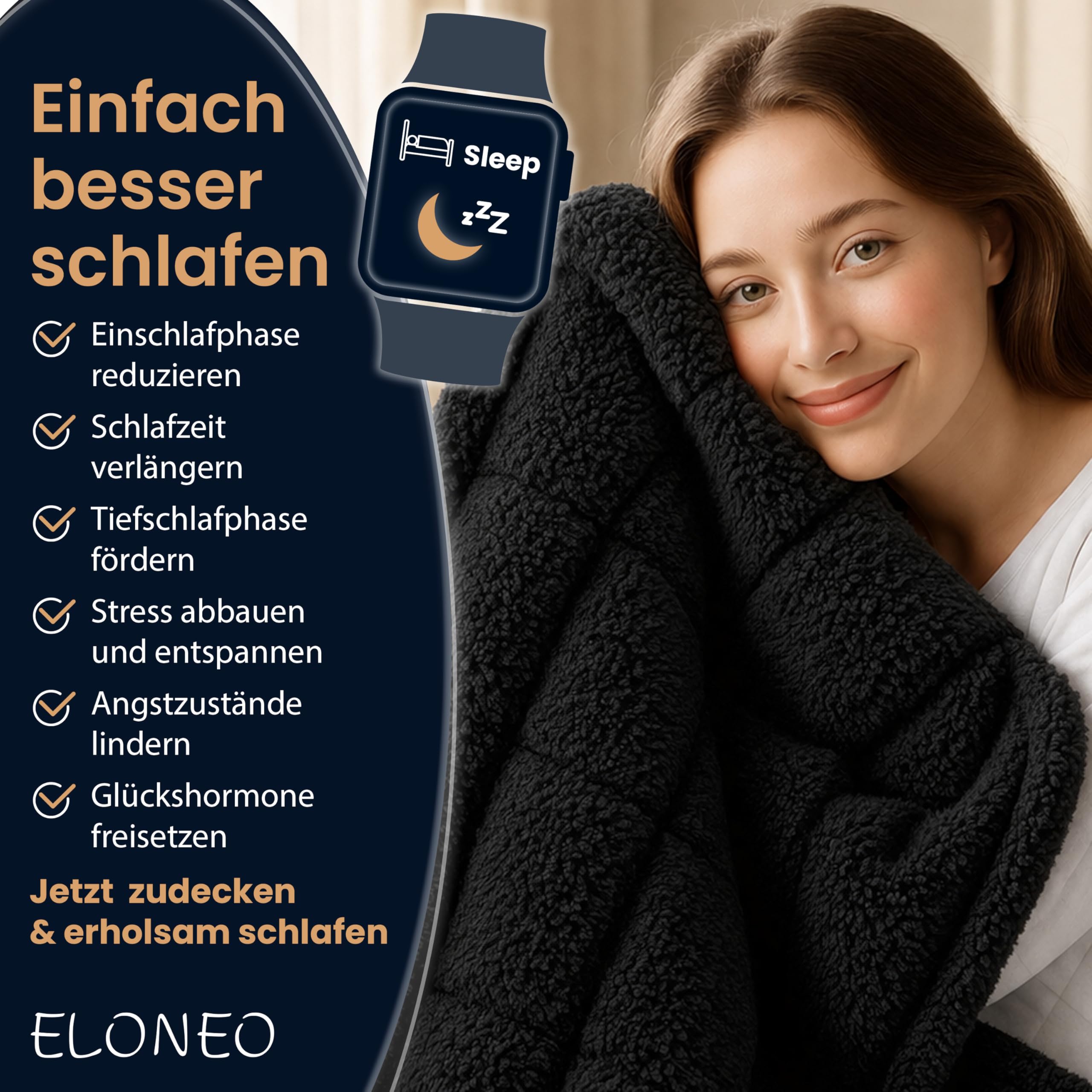 ELONEO Sherpa Fleece Gewichtsdecke 135x200 cm 7 kg Oeko-Tex Zertifiziert Weighted Blanket schwarz